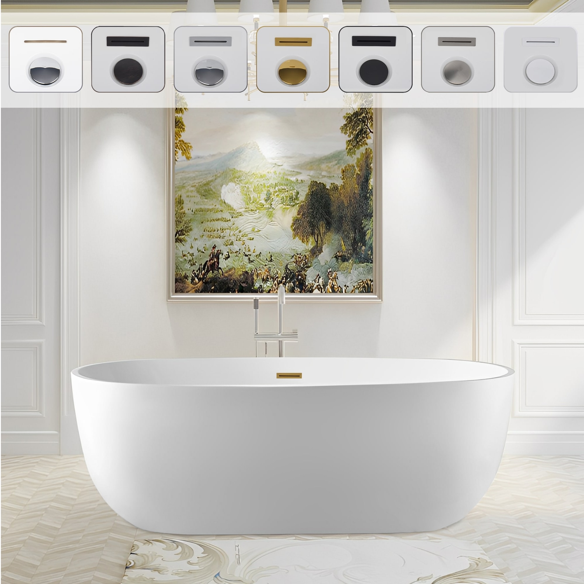 Vanity Art VA6906-S-TG 29-in x 59-in White/Titanium Gold Acrylic Oval Freestanding Soaking bathtub ( Center Drain )