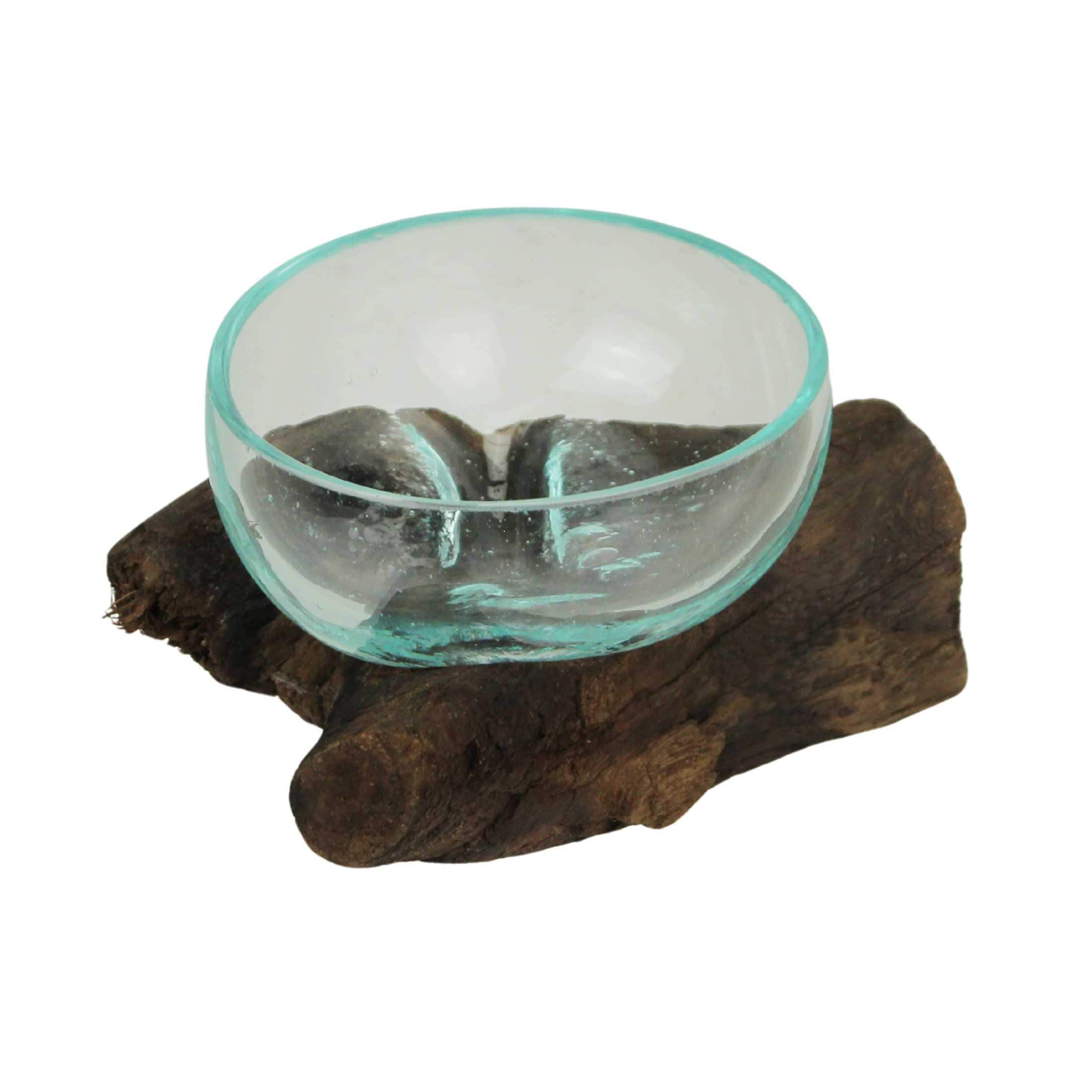 Chesapeake Bay JDY-24478 Wide-Mouth Glass and Teak Driftwood Sculptural Bowl – Unique 3.25-inches High- 5.75-inches Long- 4.5-inches Wide Decorative Centerpiece for Succulent Gardens- Floral Arrangements- and Home Decor