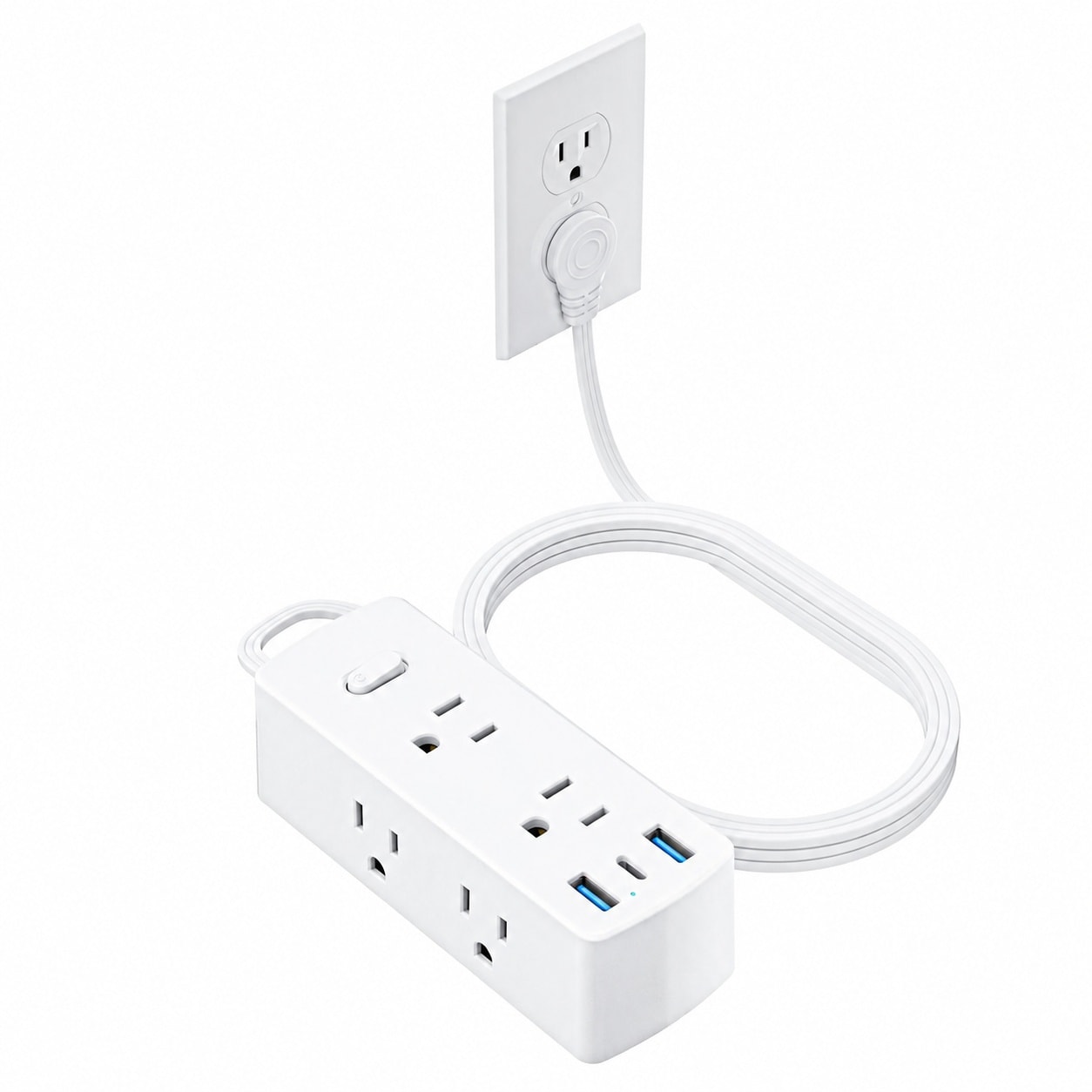 UUDULY  Flat Extension Cord 10ft Power Strip with 6 Outlets 3 USB Ports including USB C 3 Side Outlet Extender Surge Protector for Home Office