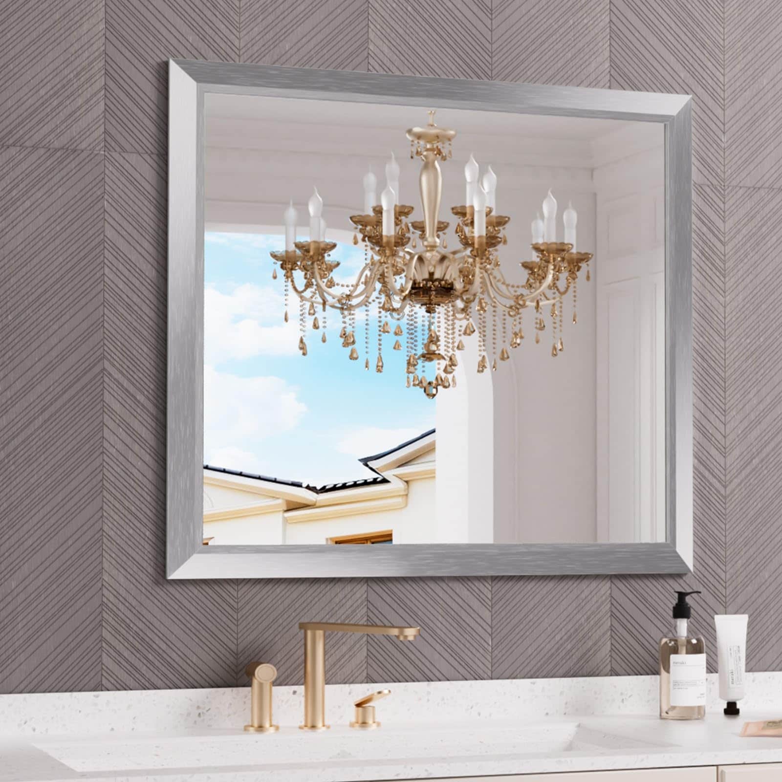 Blisstyle Tempered Glass 40-in x 36-in Beveled Rectangle Bathroom Vanity Mirror ( Brushed Silver )