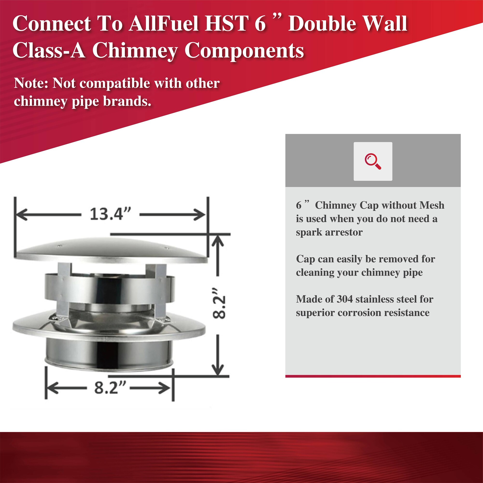 Through The Wall Kit for 6 Inner Diameter Chimney Pipe with Spark Guard  Chimney Cap 12 Length / Adjustable Wall Bracket