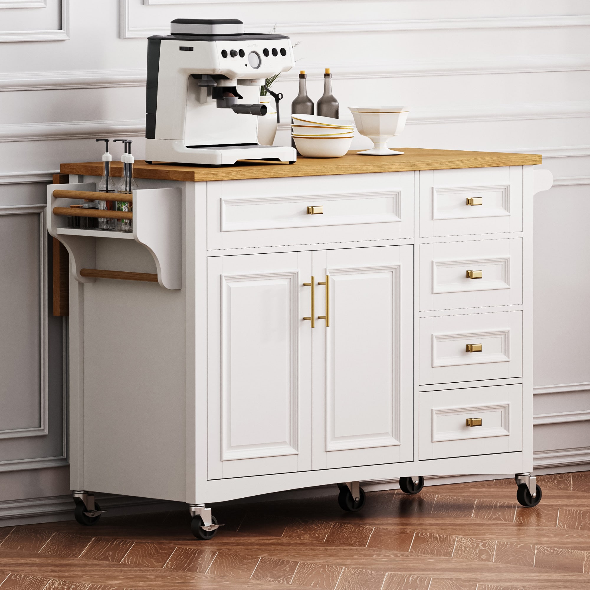 BABOOM BOM-67756WHT-OR White MDF Base with Wood Wood Top Rolling Kitchen Island ( 29.5-in x 52-in x 36.3-in )