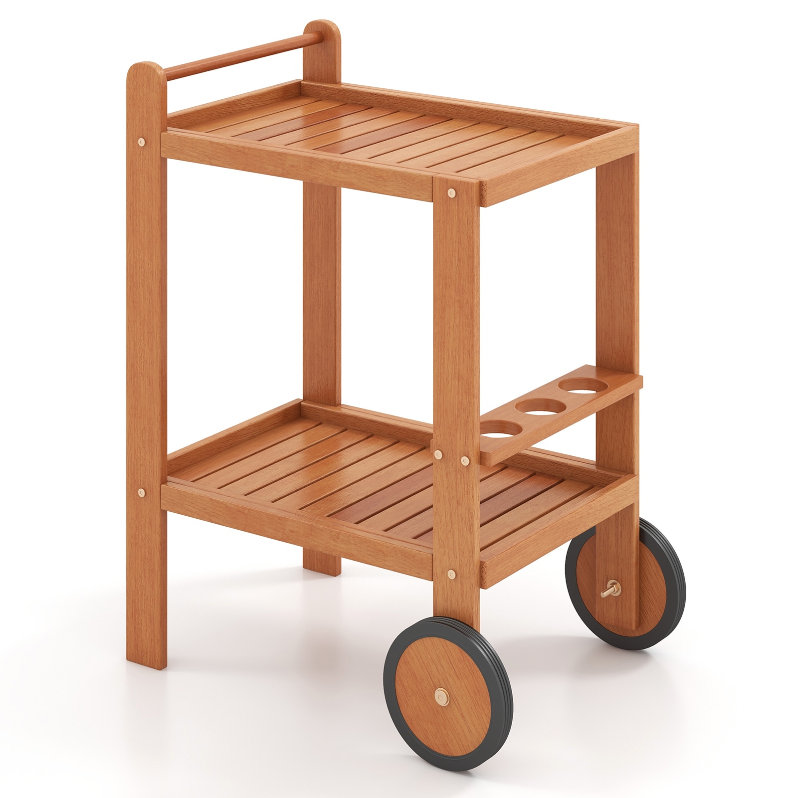 Slickblue D-CO-88001HT Outdoor 2-Tier Rolling Bar Cart with Bottle Holders - Natural Hardwood and 2 Rubber Wheels Outdoor Serving Cart for Patio Garden and Poolside