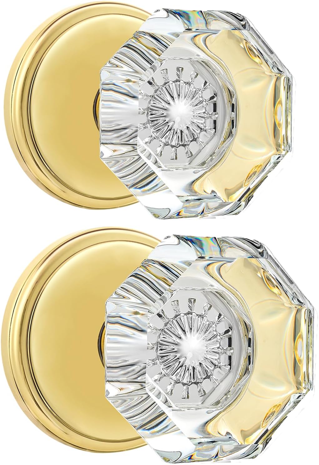 CLCTK Polished Gold Dummy Door Knob with Octagon Crystal Knob and Round Backplate Decorative Non Turning Door Knob