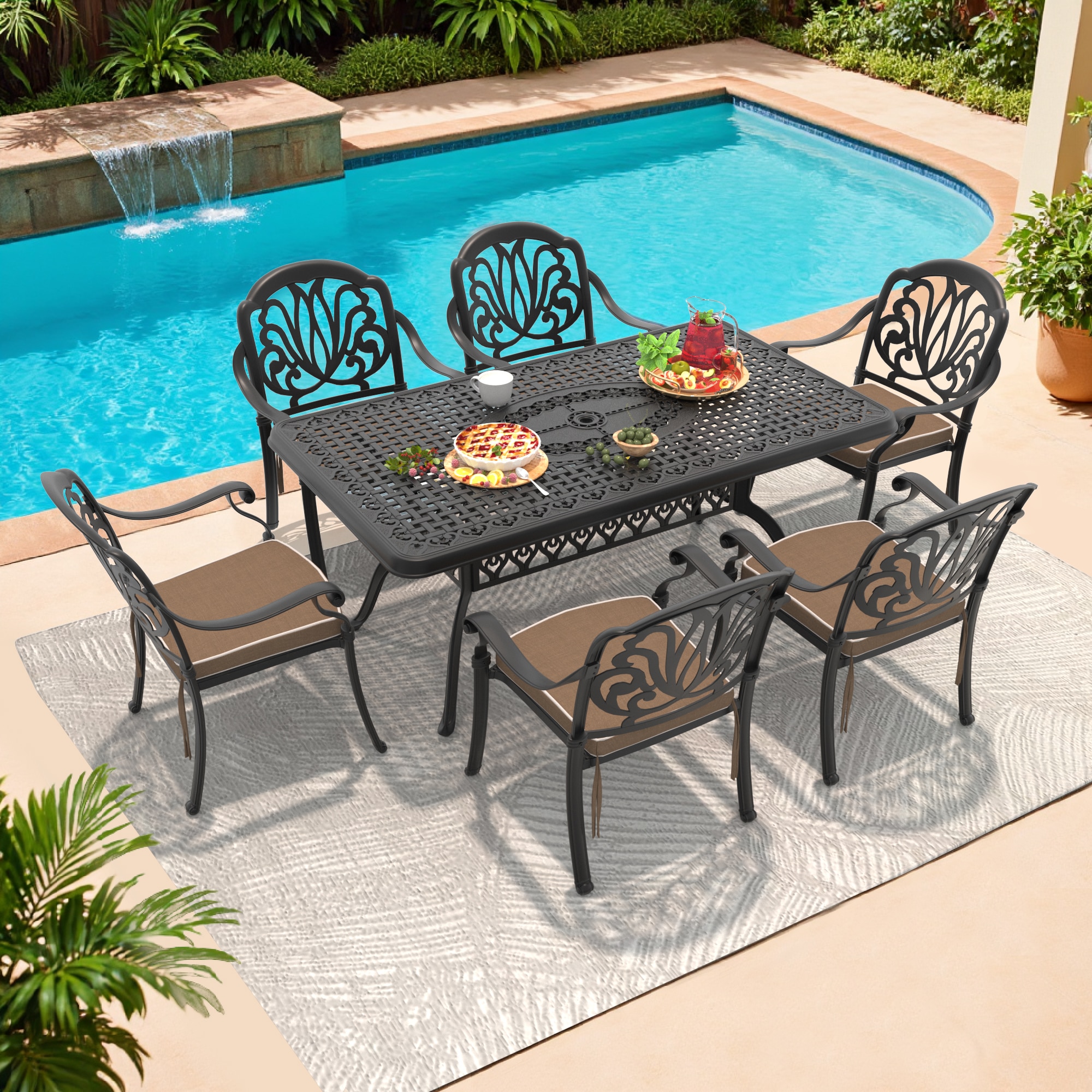 nicesure SLBK6002CZ6A1029RC 7 -Piece Black Patio Dining Set Aluminum Rectangle Table with 6 Cushions Stackable Stationary Chairs