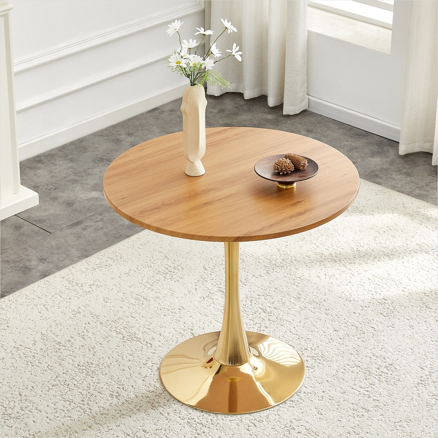 Watnature 31.5-inch Round MDF Dining Table in Soft Gold and Faux Wood ...