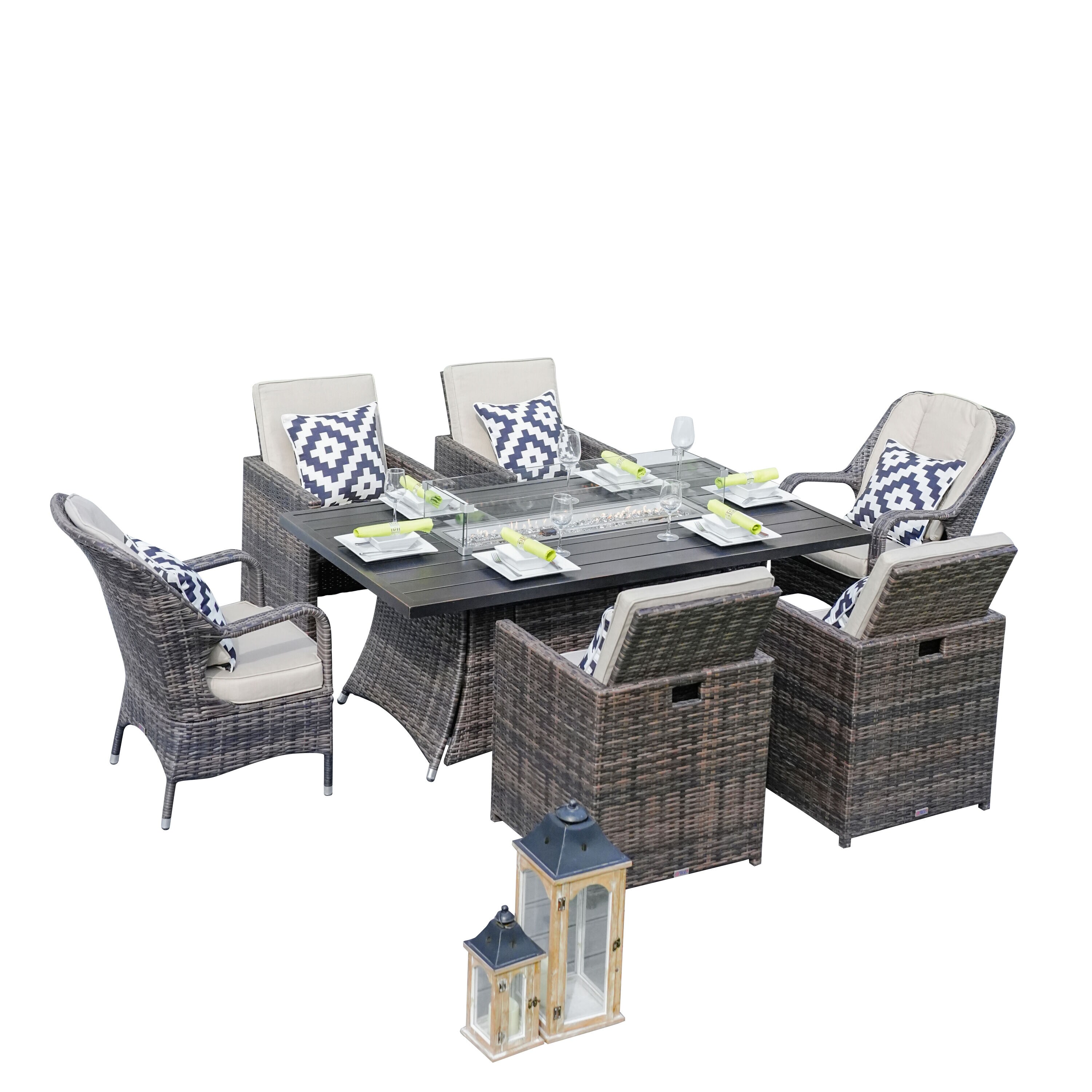 Direct Wicker DWG-06RA3409-BR 7 -Piece brown Wicker Patio Dining Set Aluminum Rectangle Table with 6 Beige Cushions Stationary Chairs Fire Pit Included