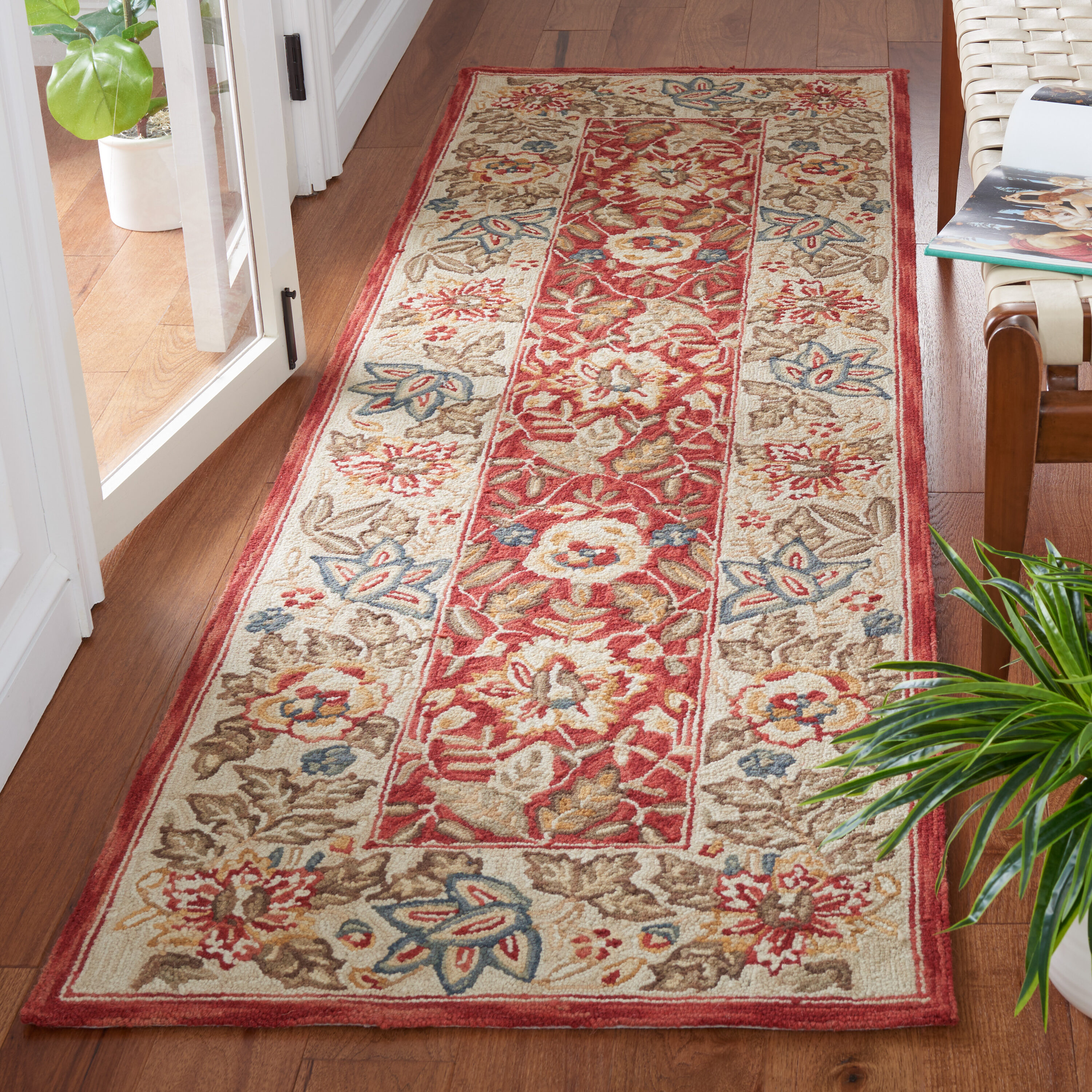  Hk140 Red/Ivory Traditional 2ft-6in x 12ft Runner Rug