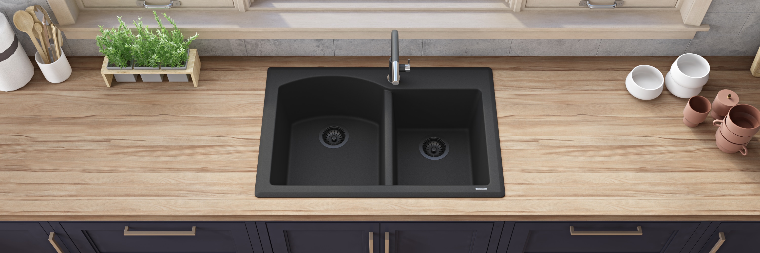 Midnight Black 33 x 22 Inch Granite Double Bowl Drop-In Sink