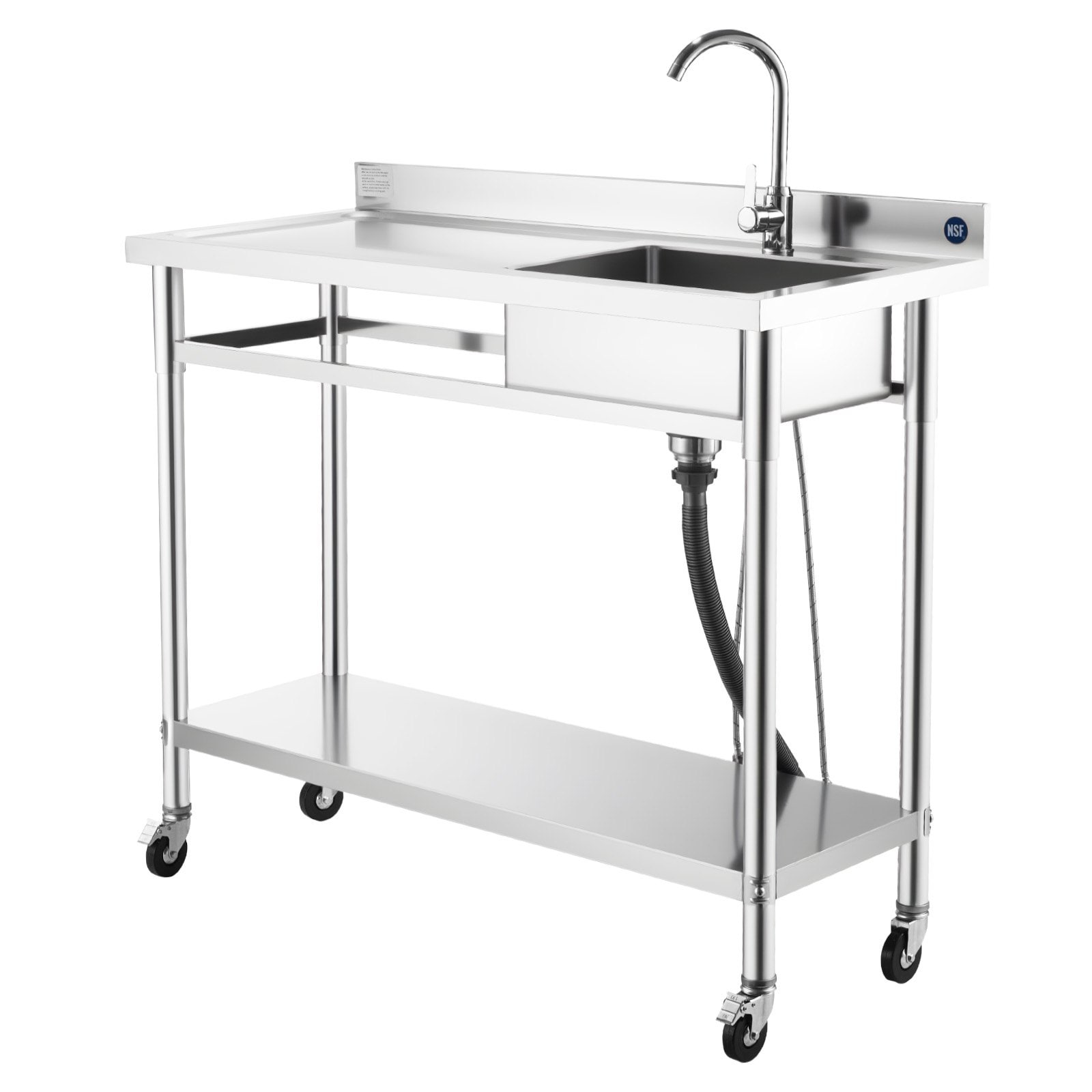 GIVIMO 47.24 in 19.69 in 41.54 in Rolling Stainless Steel Utility Sink with Wheels Faucet Hot and Cold Water Pipes Commercial Single Bowl Workbench with Adjustable Shelf for Garage Restaurant Laundry