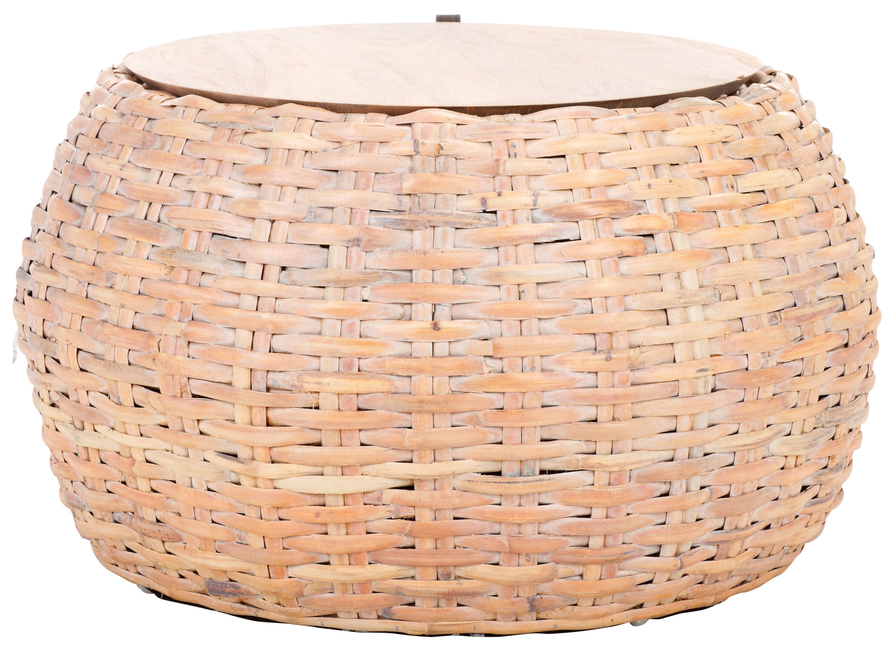 Natural White Wash Wood and Rattan Round Coffee Table