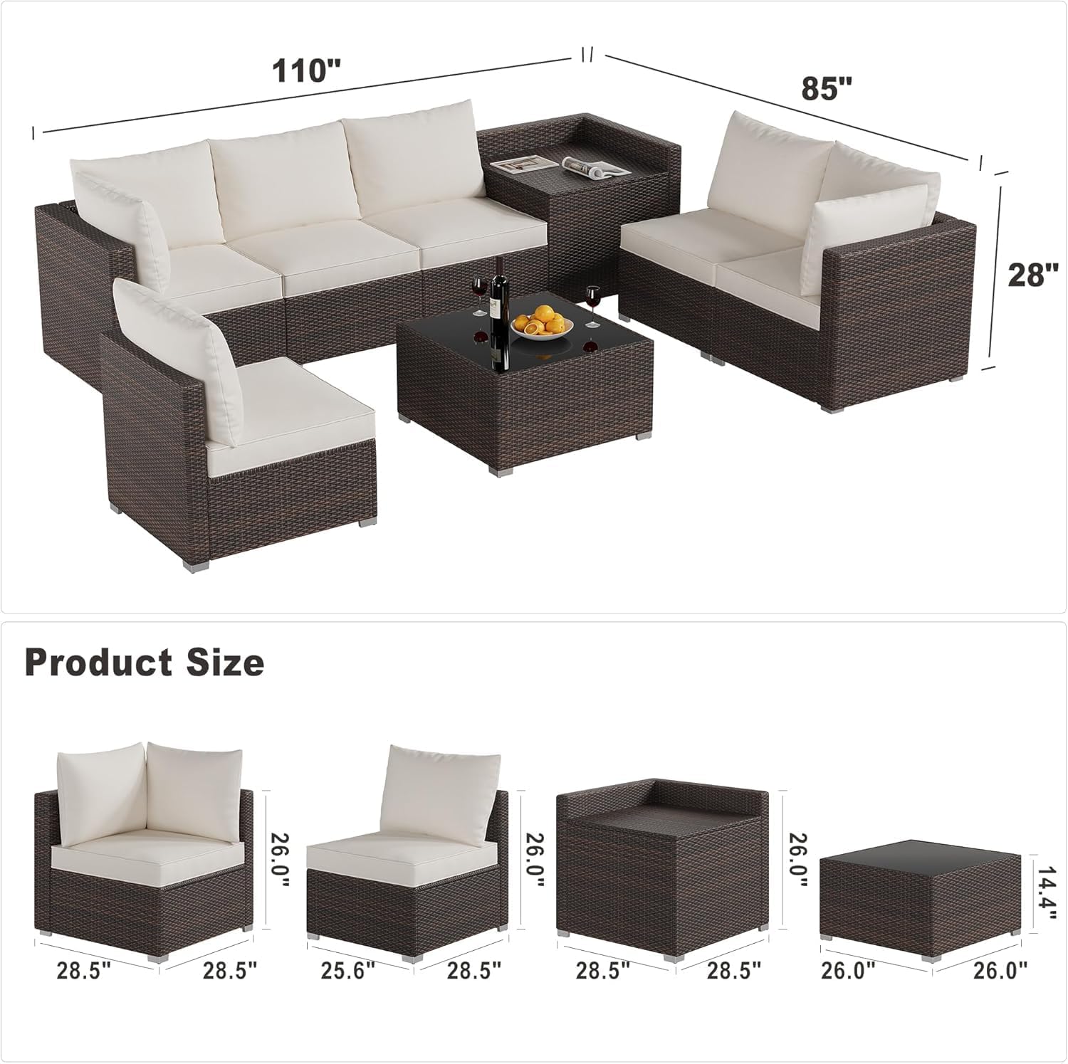 Qeetex WWJ-PHO-12NG1V8W 8 Pieces Patio Conversation Set with Thickened Cushions Outdoor Storage and Tempered Glass Coffee Table for Garden Porch Backyard