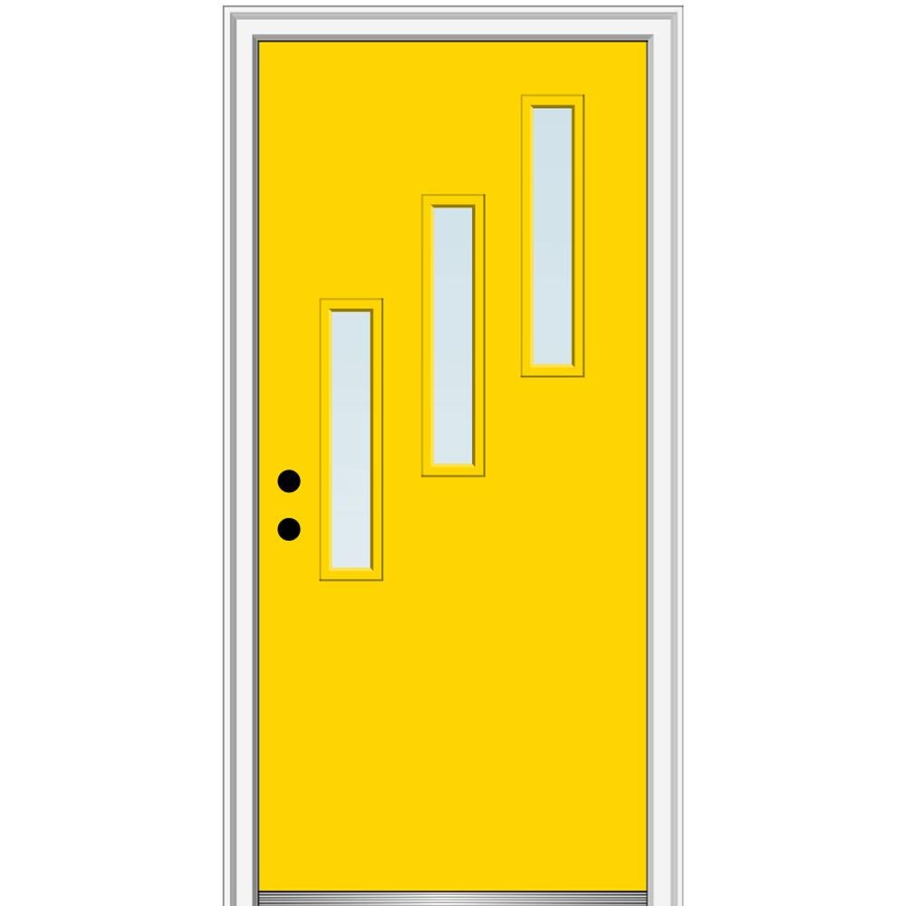 MMI DOOR ZZ349269R Spotlights 32-in x 80-in x 6-9/16-in Fiberglass Pulse lite Right-hand inswing Yellow Flash Painted Prehung Front Door with Brickmould Insulating core