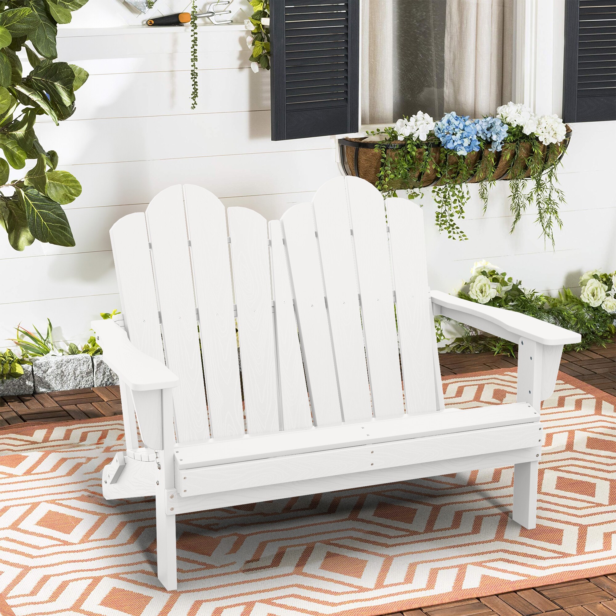 VOUA 2YDY-WT Poly White HDPE Frame Stationary Adirondack Chair with Solid Seat