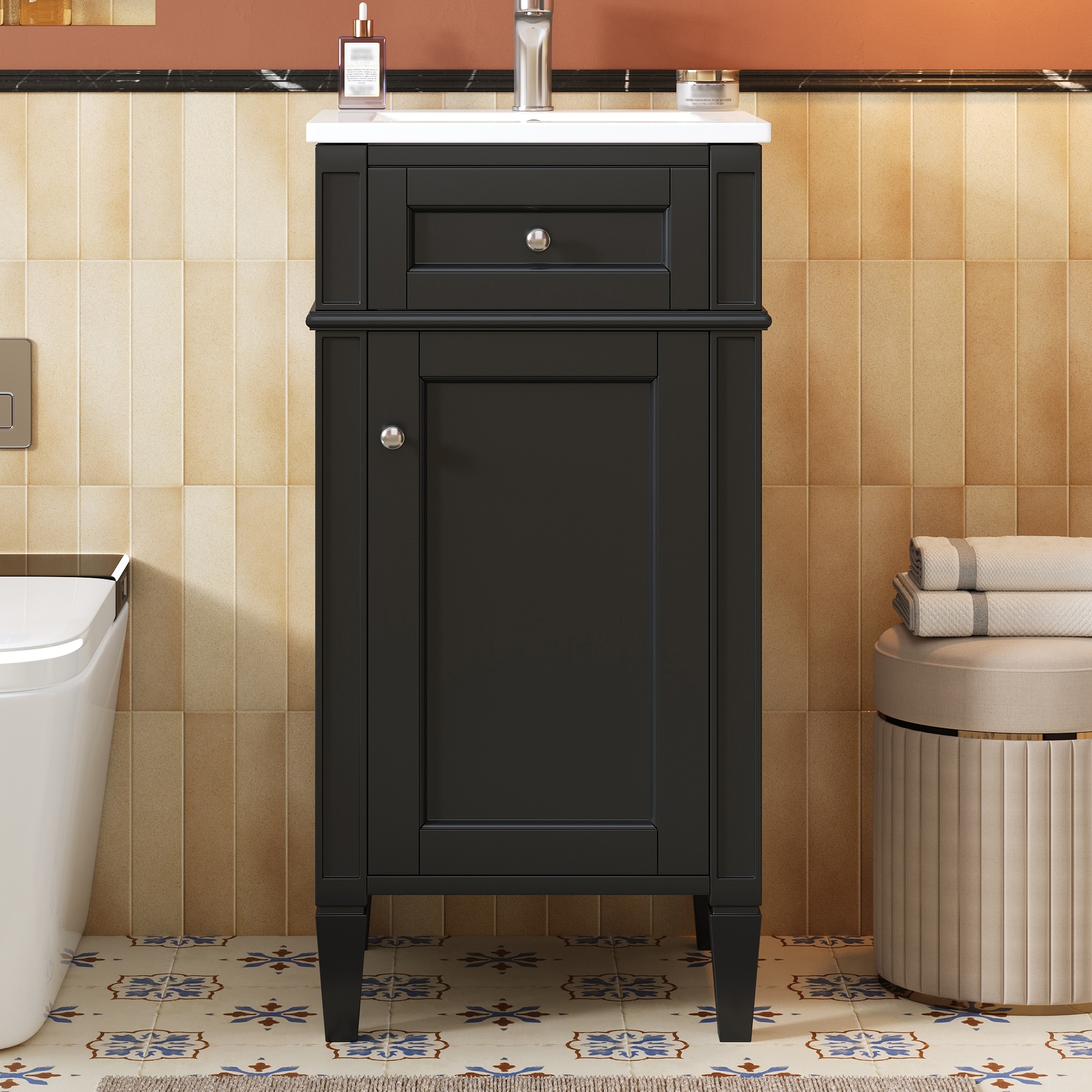 GDFStudio Bellefleur 16.5 in. French Freestanding Bathroom Vanity with Ceramic Sink Adjustable Shelf and Soft-Close Door - Black