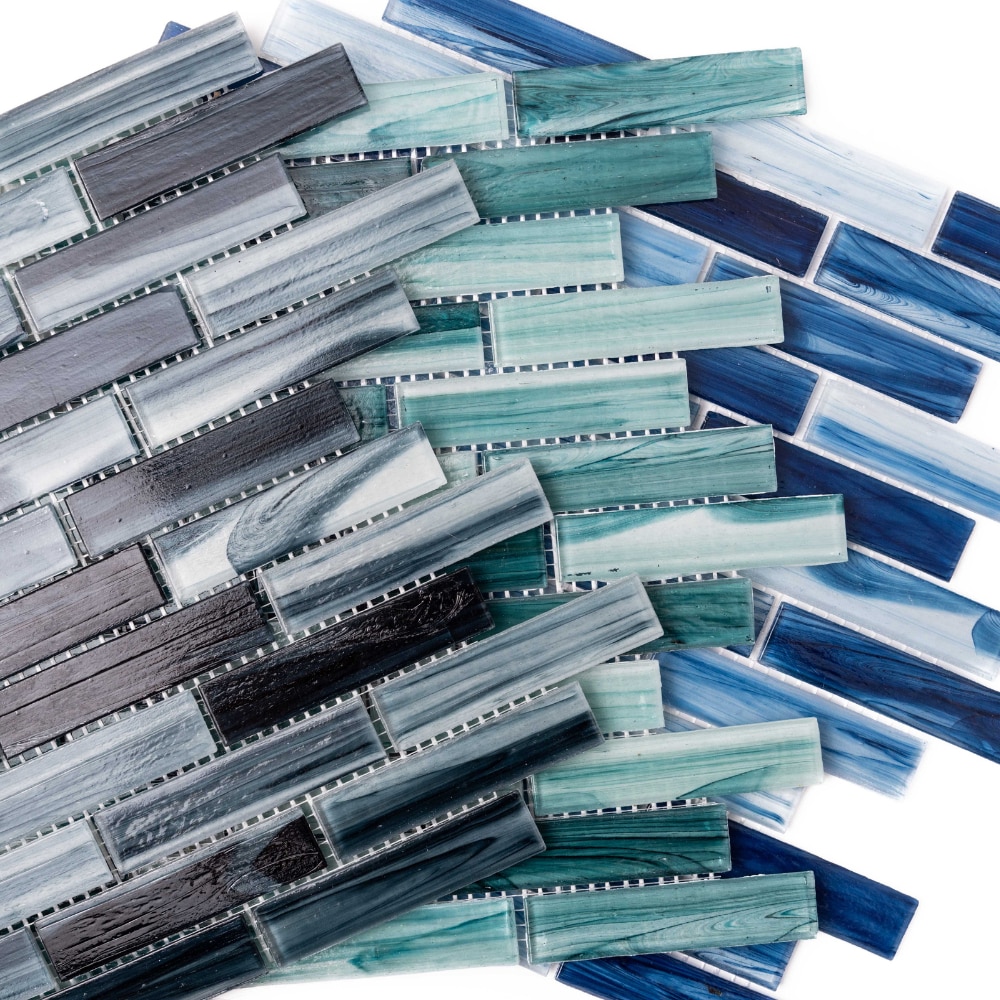 Island Antigua Blue Glass Brick Mosaic Wall Tile, 12x12 Inch