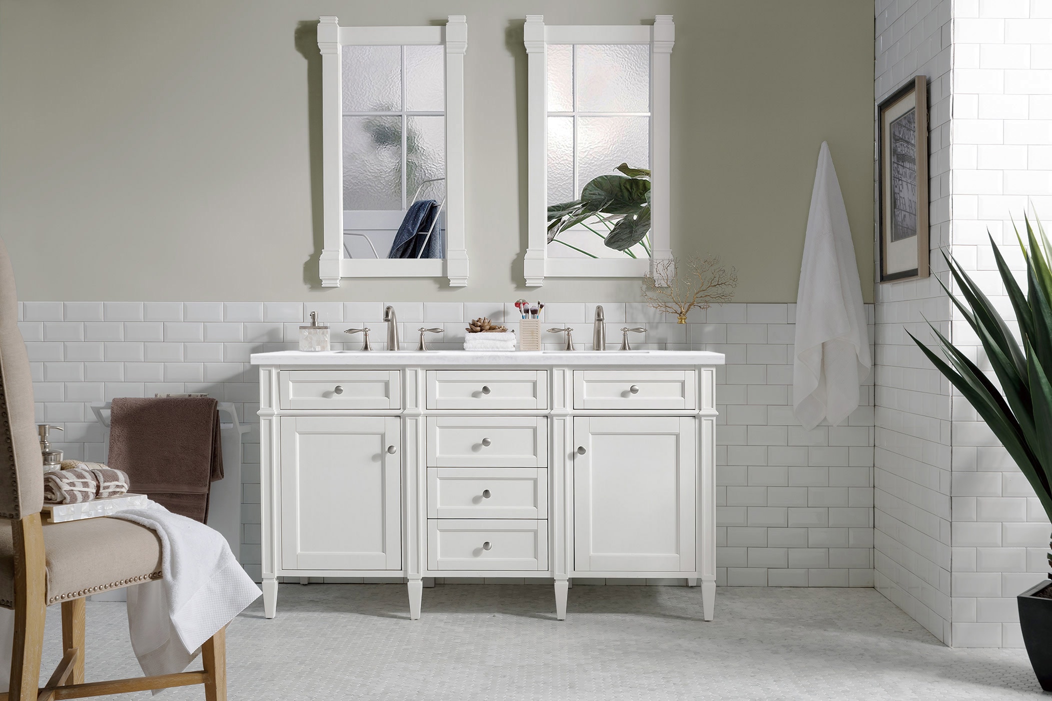 James Martin Vanities 655-V60D-BW-3AF Brittany 60-in Bright White Undermount Double Sink Bathroom Vanity with Arctic Fall Solid Surface Top