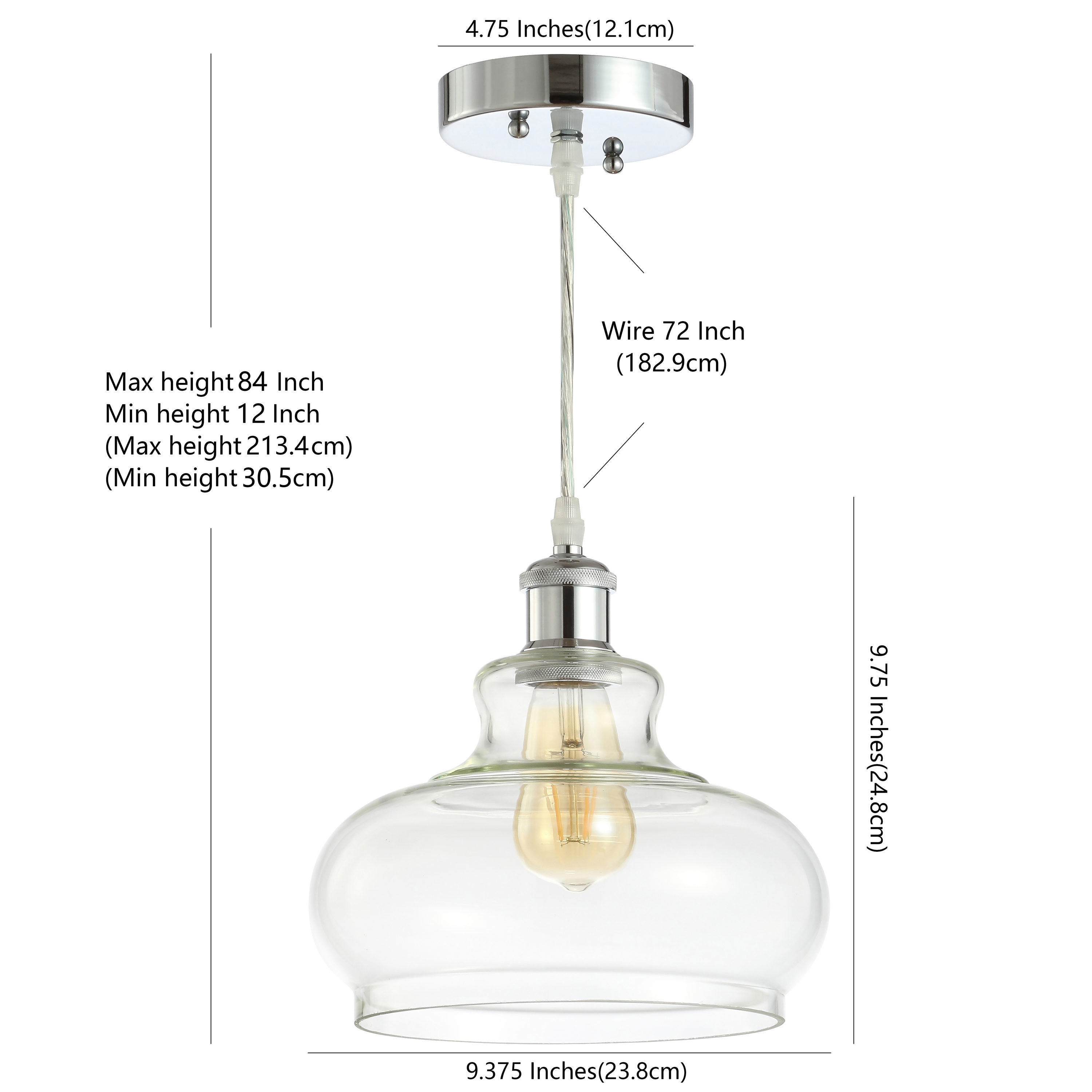 Adjustable Chrome Iron and Glass Bell Shade Pendant Light