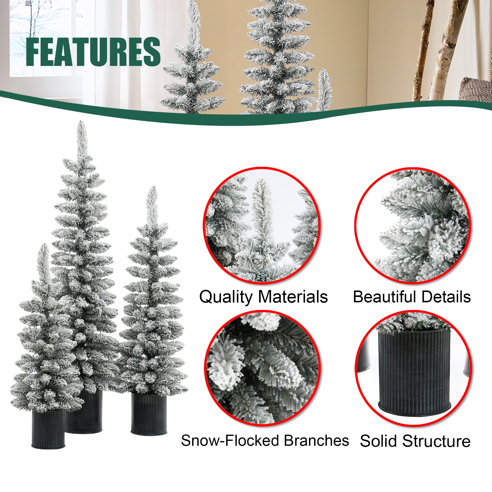 Set of 3 Snow-Flocked PVC Christmas Trees with Metal Pots