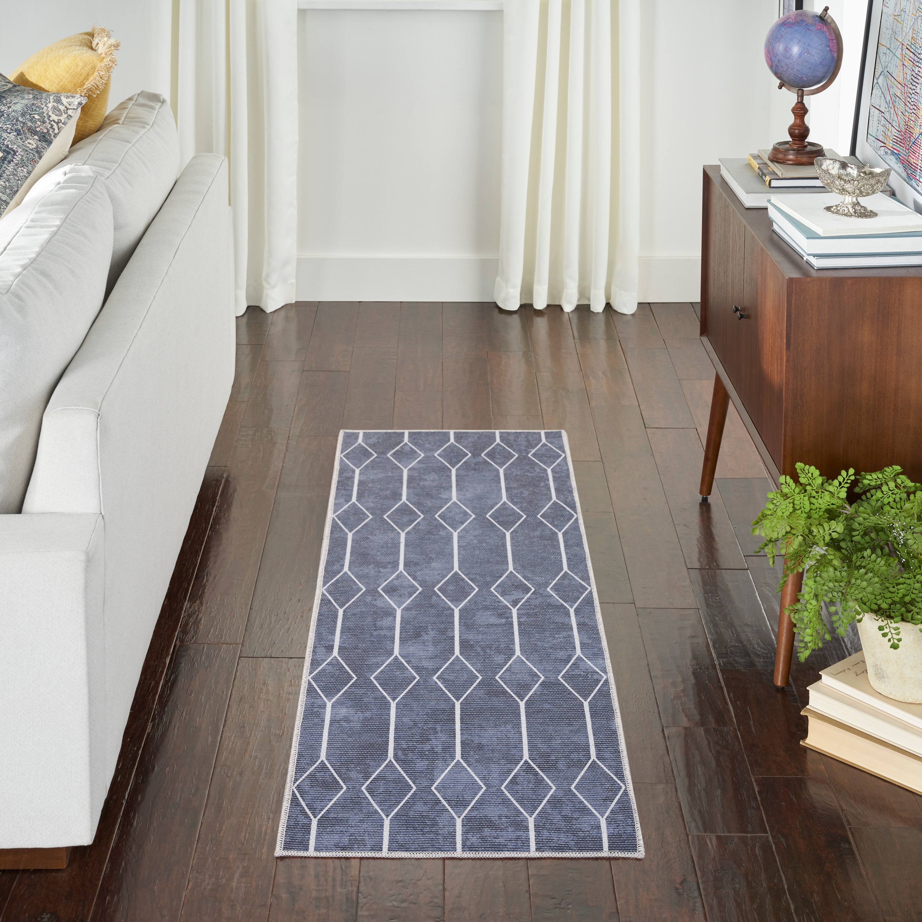 Nicole Curtis 099446164087 Machine Washable Series 1 2 x 6 (ft) Loomed Polyester Navy Rectangular Indoor Geometric Mid-Century Modern Machine washable Runner rug