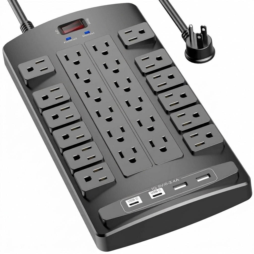 Oyezvary  1 Pack Surge Protector Power Strip 24 Outlets 4 USB Ports 2 USB C 6 ft Flat Plug 1875W 15A 4100 Joules Heavy Duty Extension Cord Black