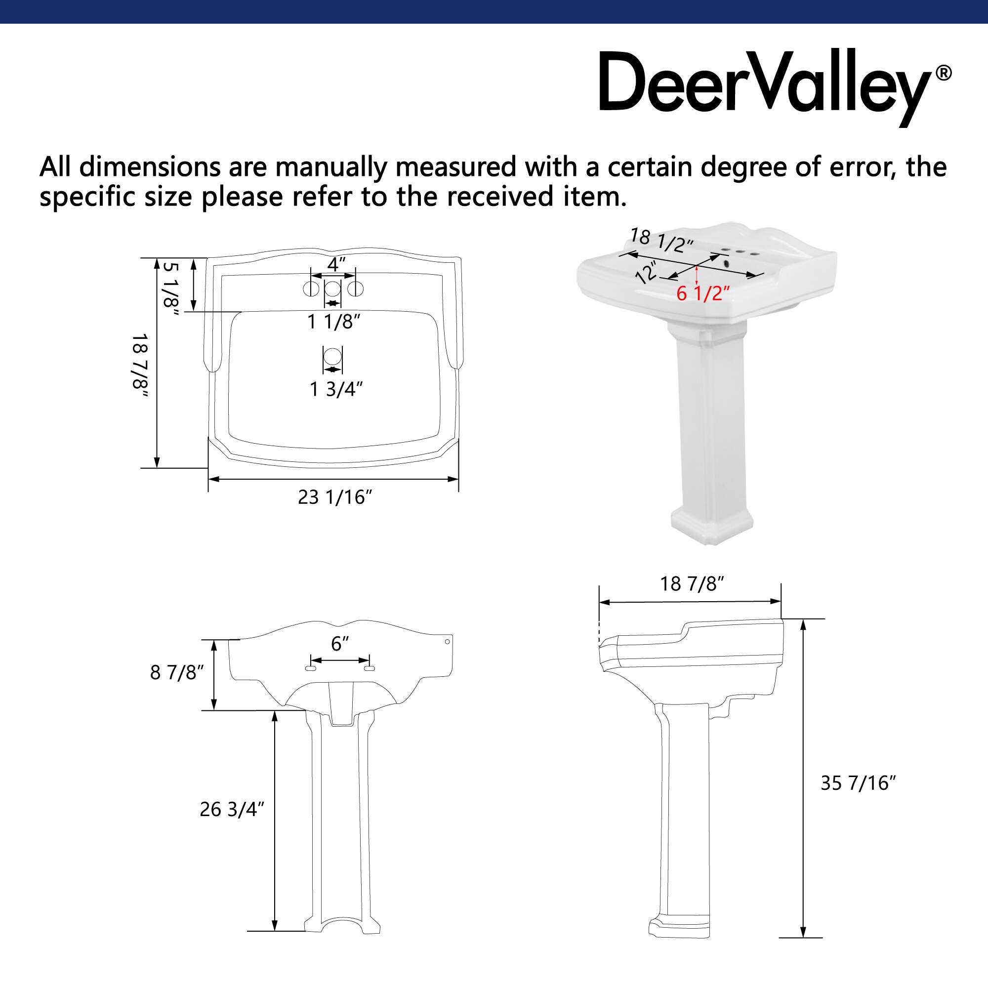 Dynasty 35.5" White Ceramic Pedestal Bathroom Sink with Overflow