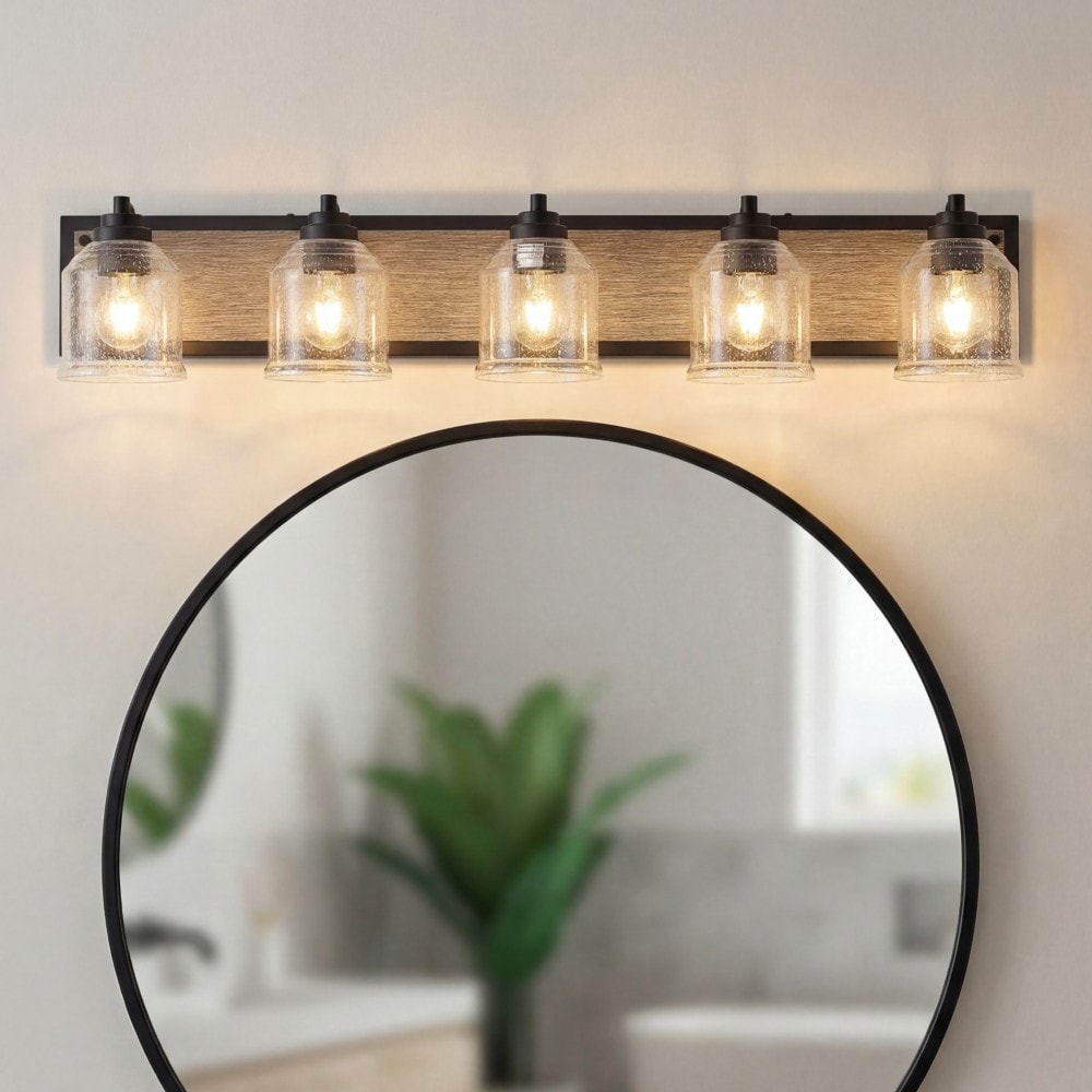 Basdien 40 in Black Farmhouse Vanity Light Fixture 5 Light Bathroom Wall Sconce with Clear Seeded Glass Shades and Wood Grain Finish Modern Industrial Design for Bathroom and Powder Room No Bulbs Included