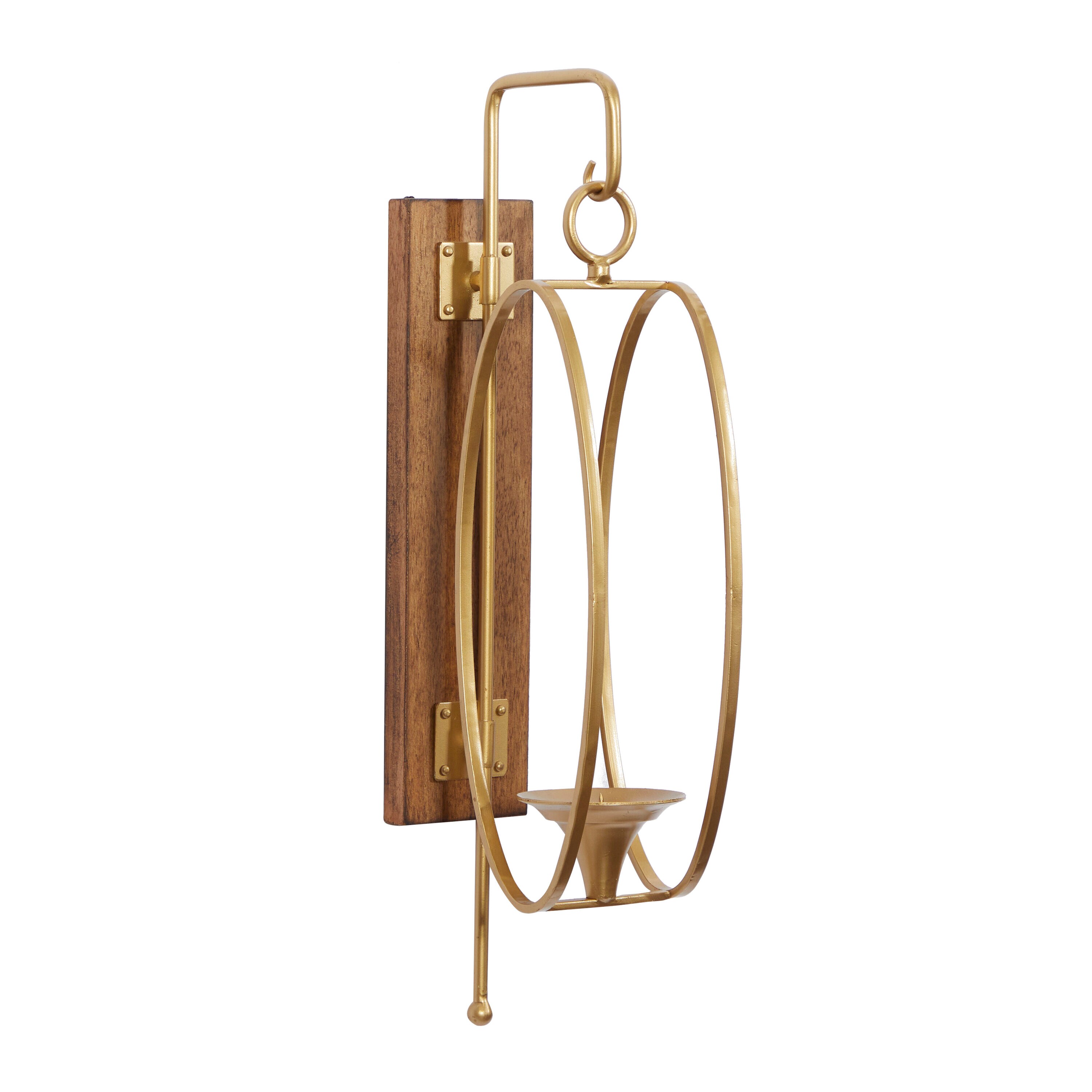 Tall Rustic Wood and Gold Metal Pillar Candle Lantern
