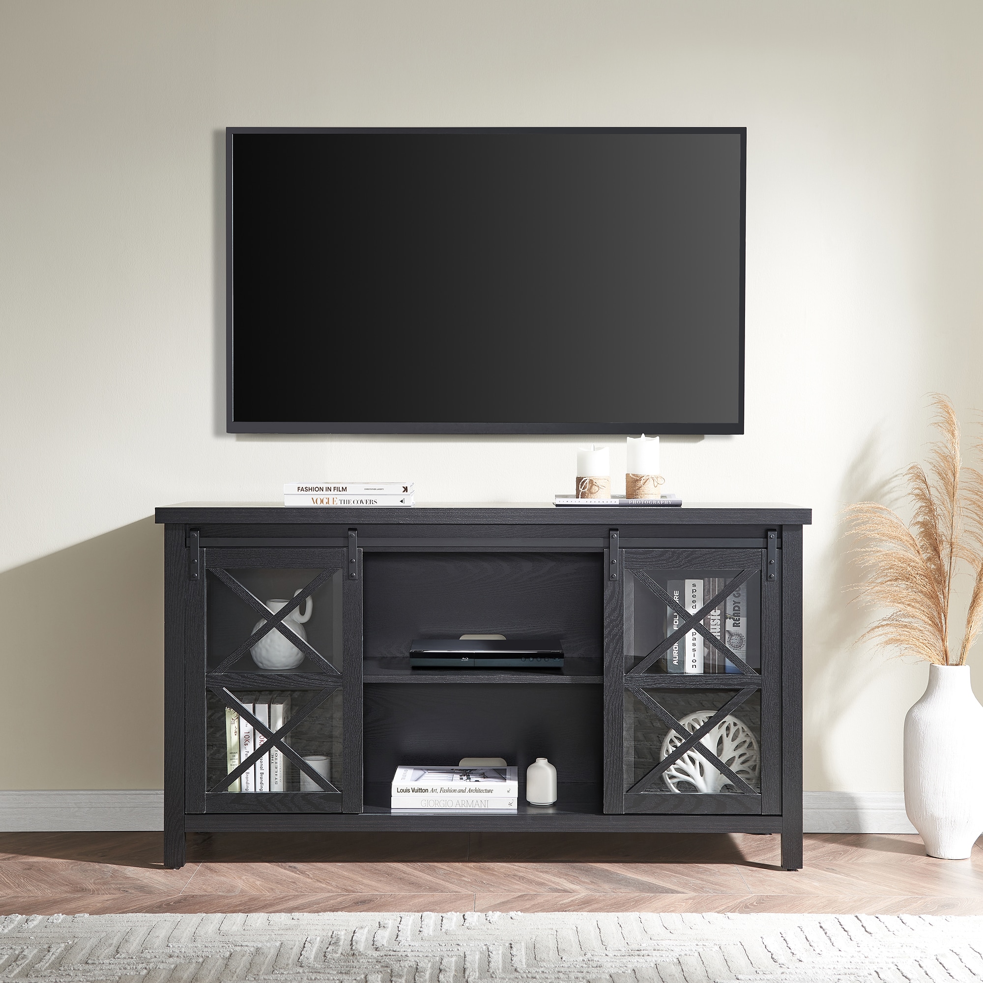 Clementine 58" Black Grain Metal TV Stand with Cabinet