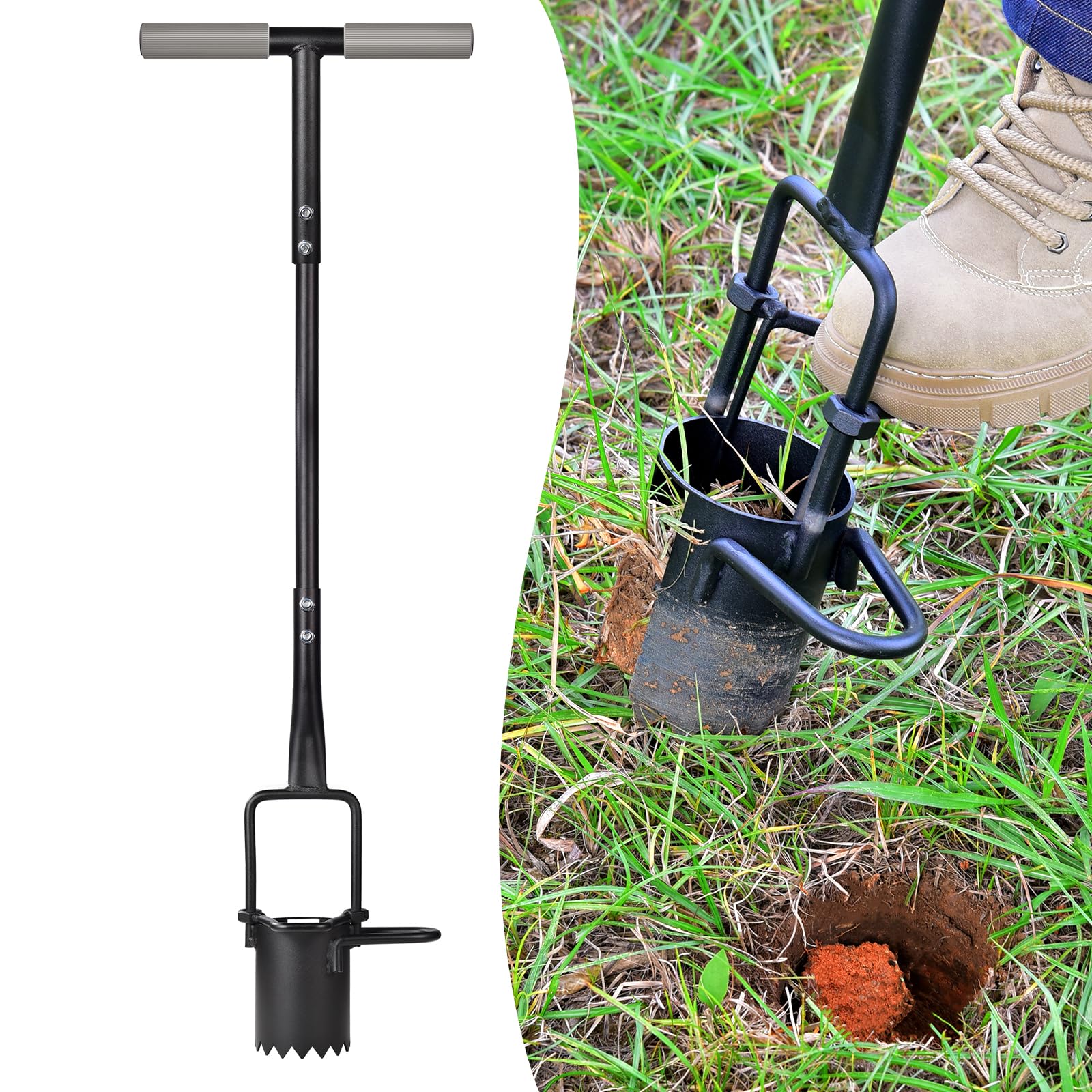 Lukvuzo  Sod Plugger and Bulb Planter Long Handle Serrated Base Garden Tool for Planting Tulips Iris Daffodils Grass Plugs Durable Iron Design
