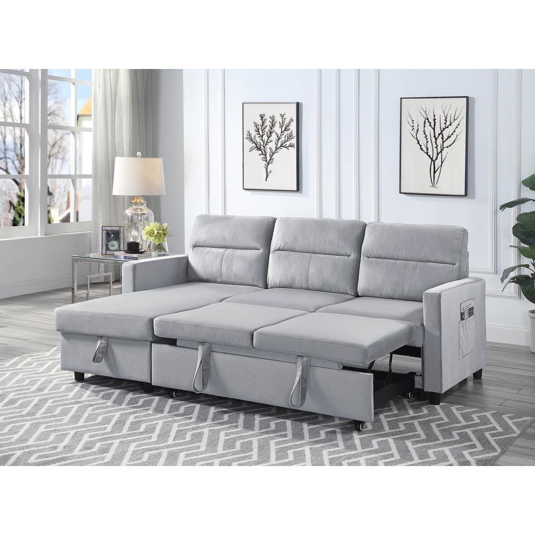Sleeper Sectional 81.5-in W Modern Light Gray Velvet 3-seater Storage Sleeper