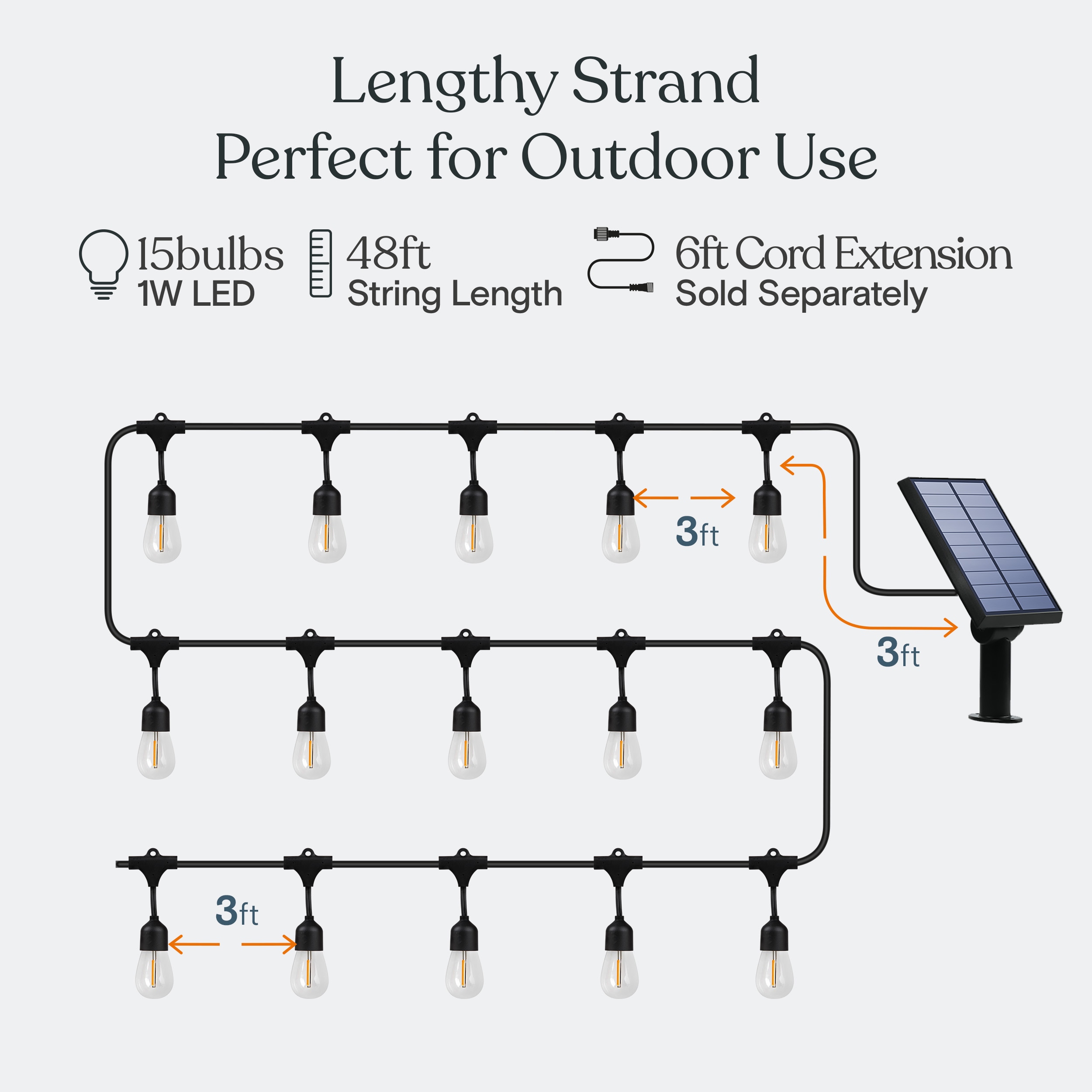 48 ft Warm White Solar Powered Outdoor LED String Lights