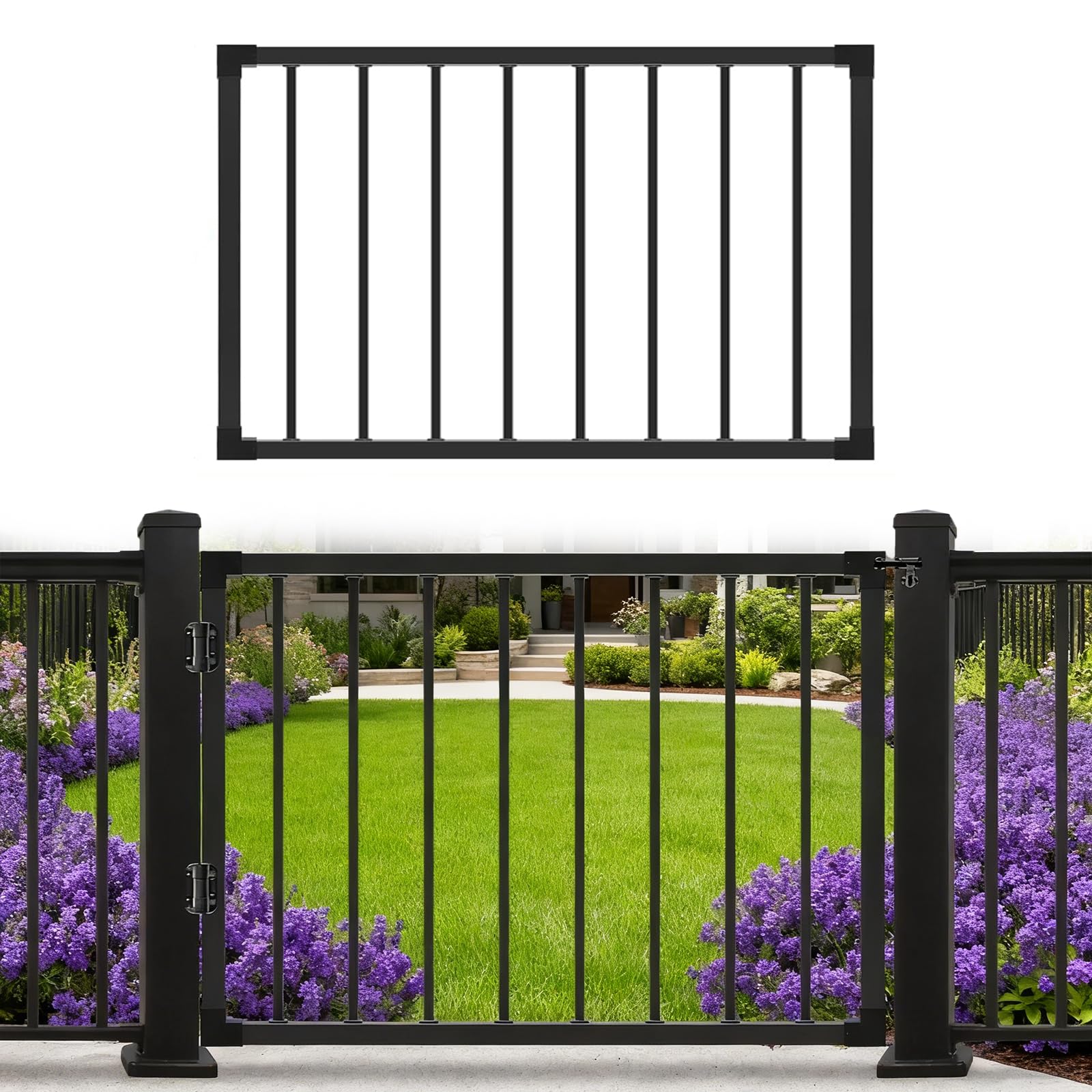 JVFCXXV  Outdoor Metal Gate Black Powder Coated 36H Gate for 48H Deck Entry Way Fence Gate Suitable for Residential Yard Patio DIY Installation