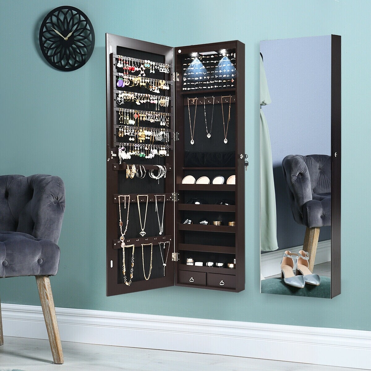 CASAINC Contemporary Brown Wall-Mounted Jewelry Armoire with Lights, Spacious Storage, Mirror Included, Lockable