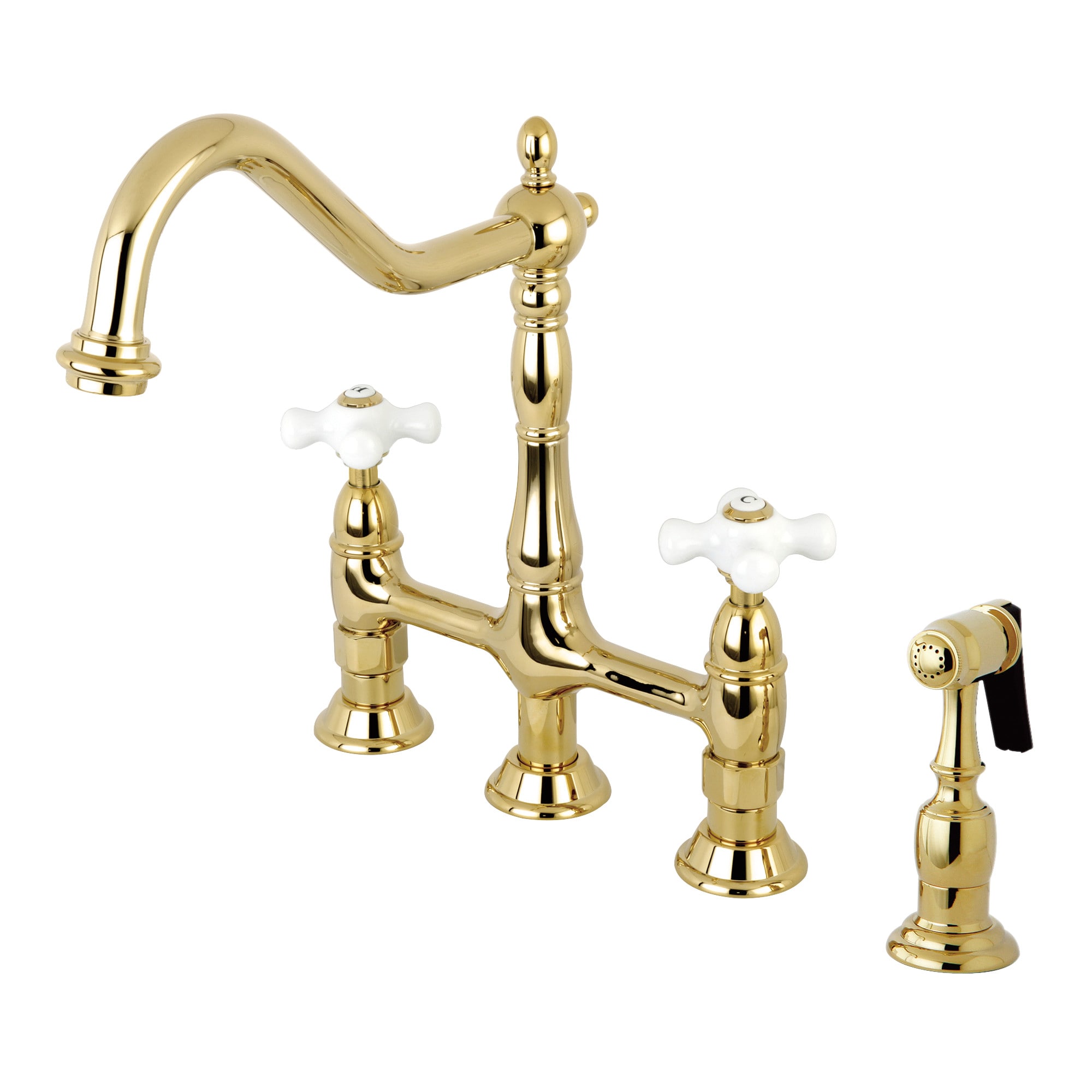 Kingston Brass WLKS1272PXBS Heritage Polished Brass Double Handle Deck-mount Bridge Kitchen Faucet ( Side Sprayer Included )