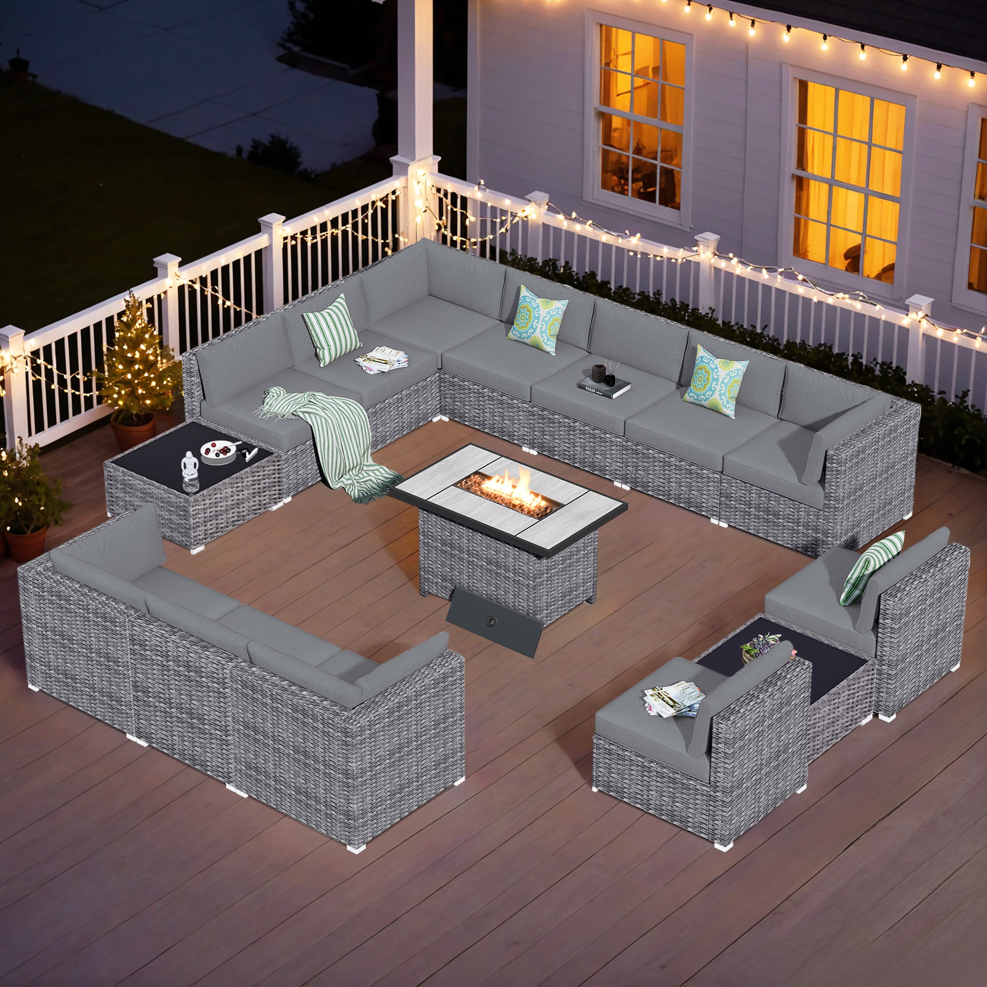 Pouuin SRFPHOP2014 15 -Piece Wicker 2 Patio Sofa Conversation Set with Dark Gray Cushions