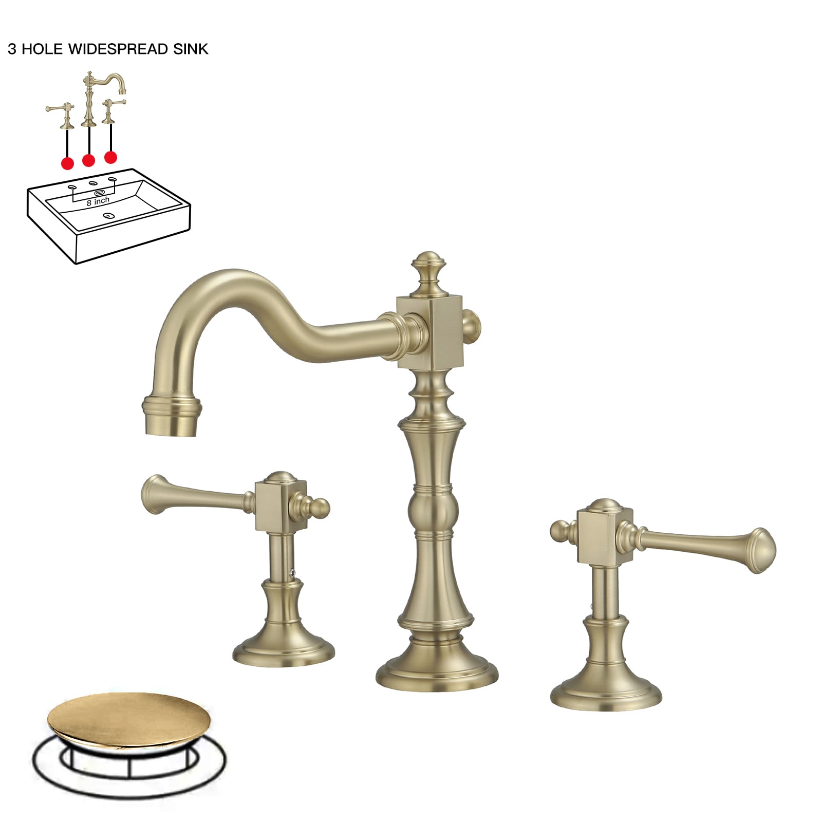 BWE A-916463-BG Brushed Gold Widespread 2-handle WaterSense Mid-arc Commercial/Residential Handle Bathroom Sink Faucet with Drain