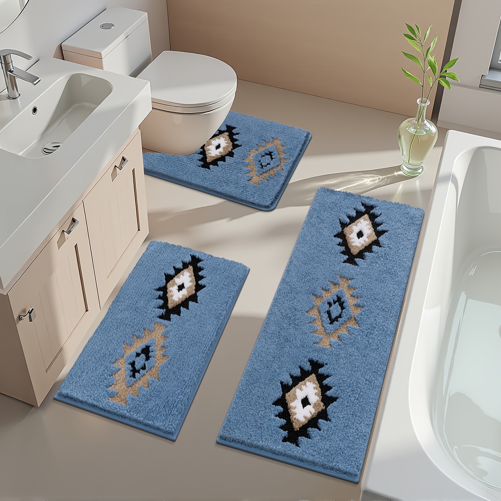 HEBE  Bathroom Rugs Sets 3 Piece-Non Slip Bathroom Mats Extra Soft Chenille Bath Rugs