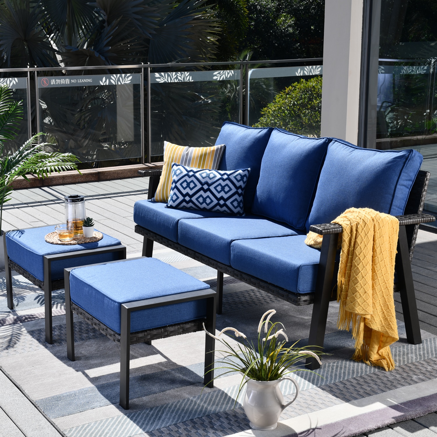 Pouuin SHW50T04A Hw Rattan Outdoor Sofa with Blue Cushions and Steel Frame