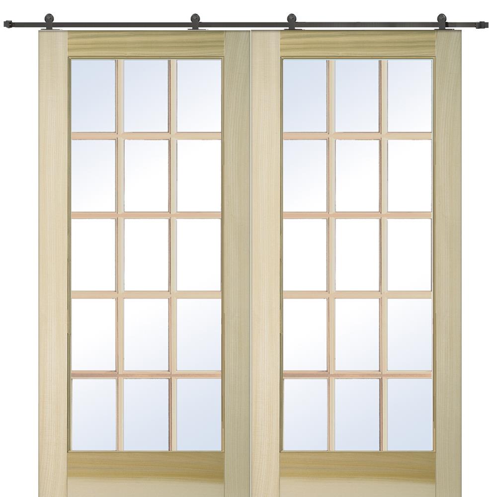 MMI DOOR ZL21327 64-in x 80-in Unfinished Poplar Clear Glass Solid Core Unfinished Poplar Veneer Double Barn Door (Hardware Included)