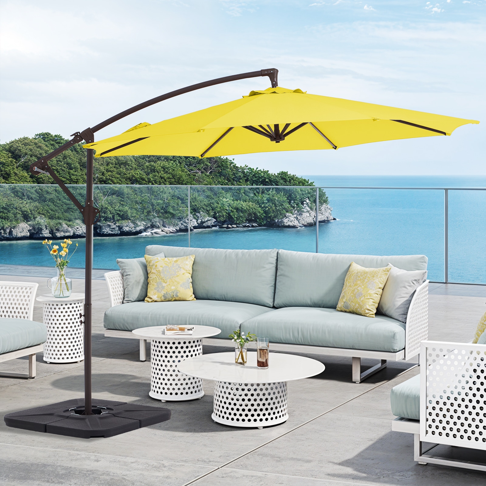 JEAREY JE-TYJRCL-SH-T 10-ft Aluminum Yellow Crank Offset Patio Umbrella with Base
