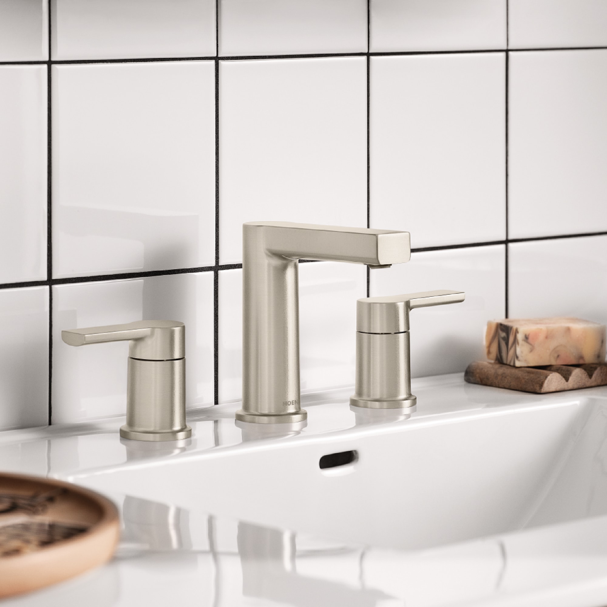 Moen 84629SRN Rinza Spot Resist Brushed Nickel Widespread 2-handle WaterSense High-arc Commercial/Residential Handle Bathroom Sink Faucet with Drain