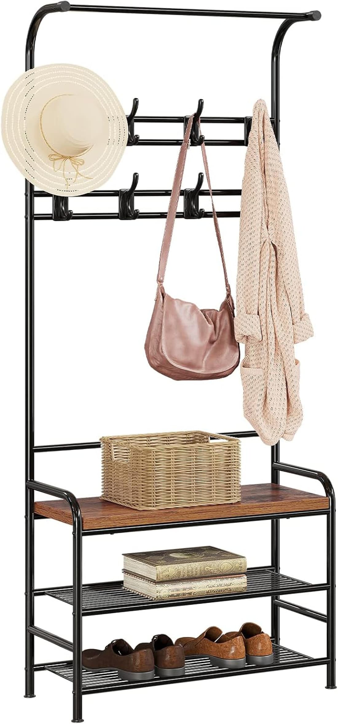 GAOMON - 3-in-1 Hall Tree Coat Rack with Shoe Bench 3-Tier Storage Shelf with 8 Hooks Entryway Or...