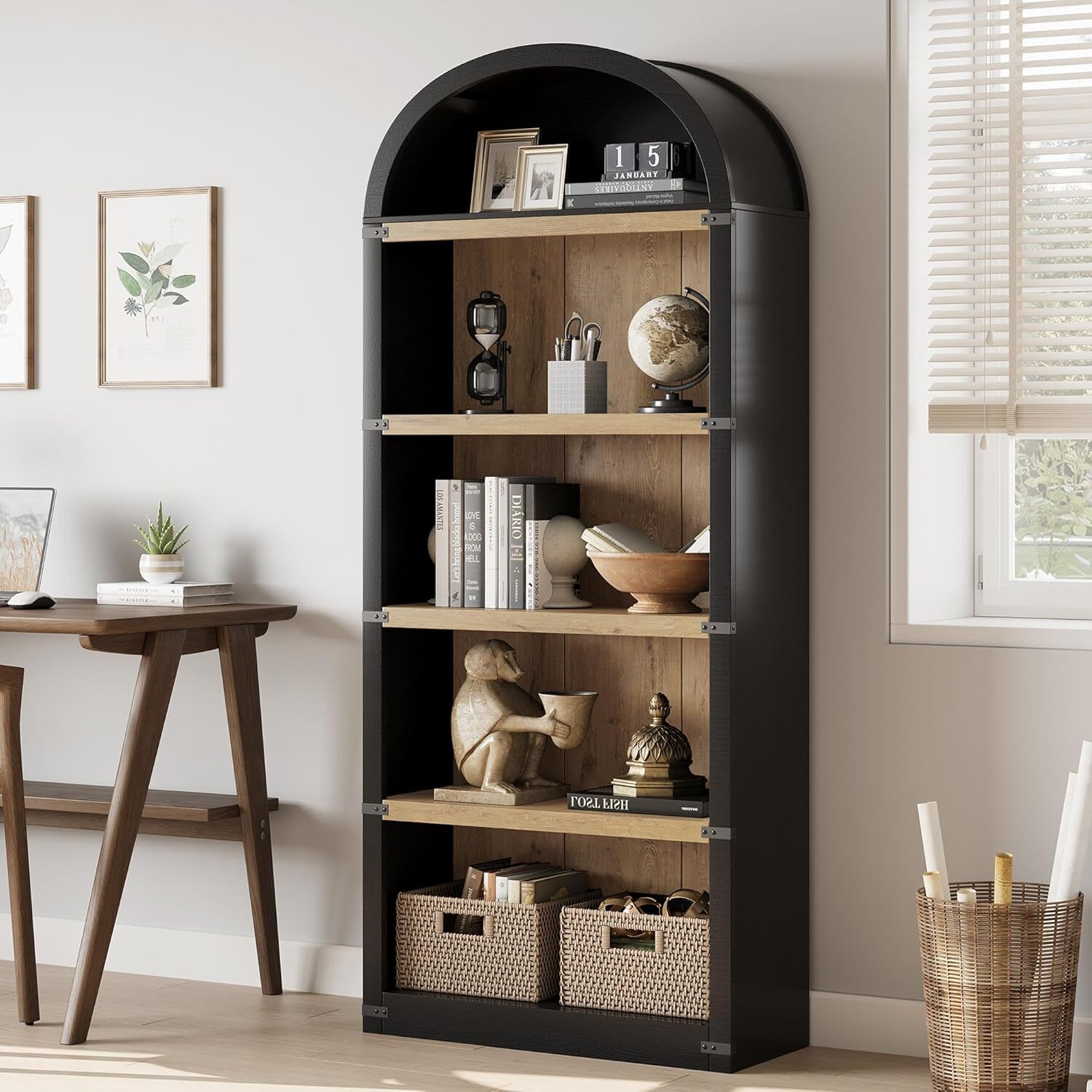 Qeetex GGL-PHO-16LXQMPG Bookcase 5 Shelf Arched Bookshelf 71in Tall Bookcase Farmhouse Display Storage Rack Wooden Bookshelves for Home Office Living Room-Black/Natural