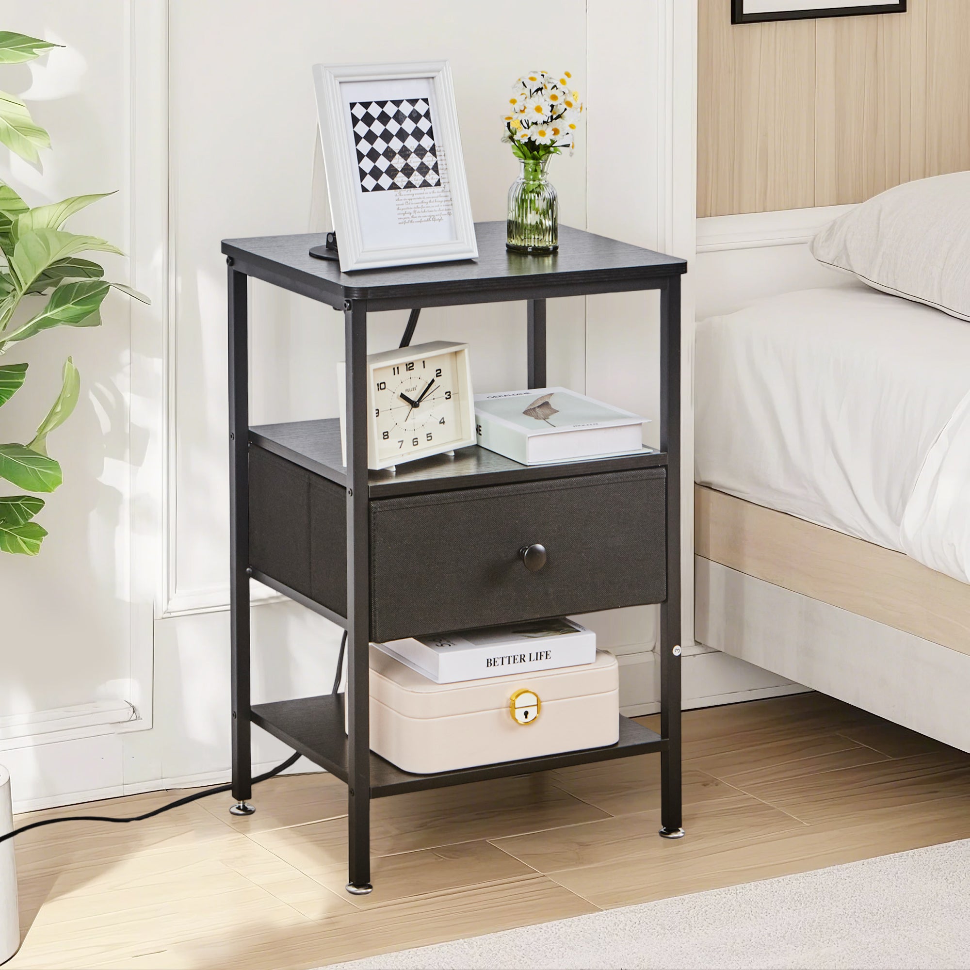 Vecelo LOE-MX-CNS02-BLK Nightstand with Charging Station End Side Table with Fabric Drawer 2 USB Ports and AC Outlets Open Storage Shelf Black