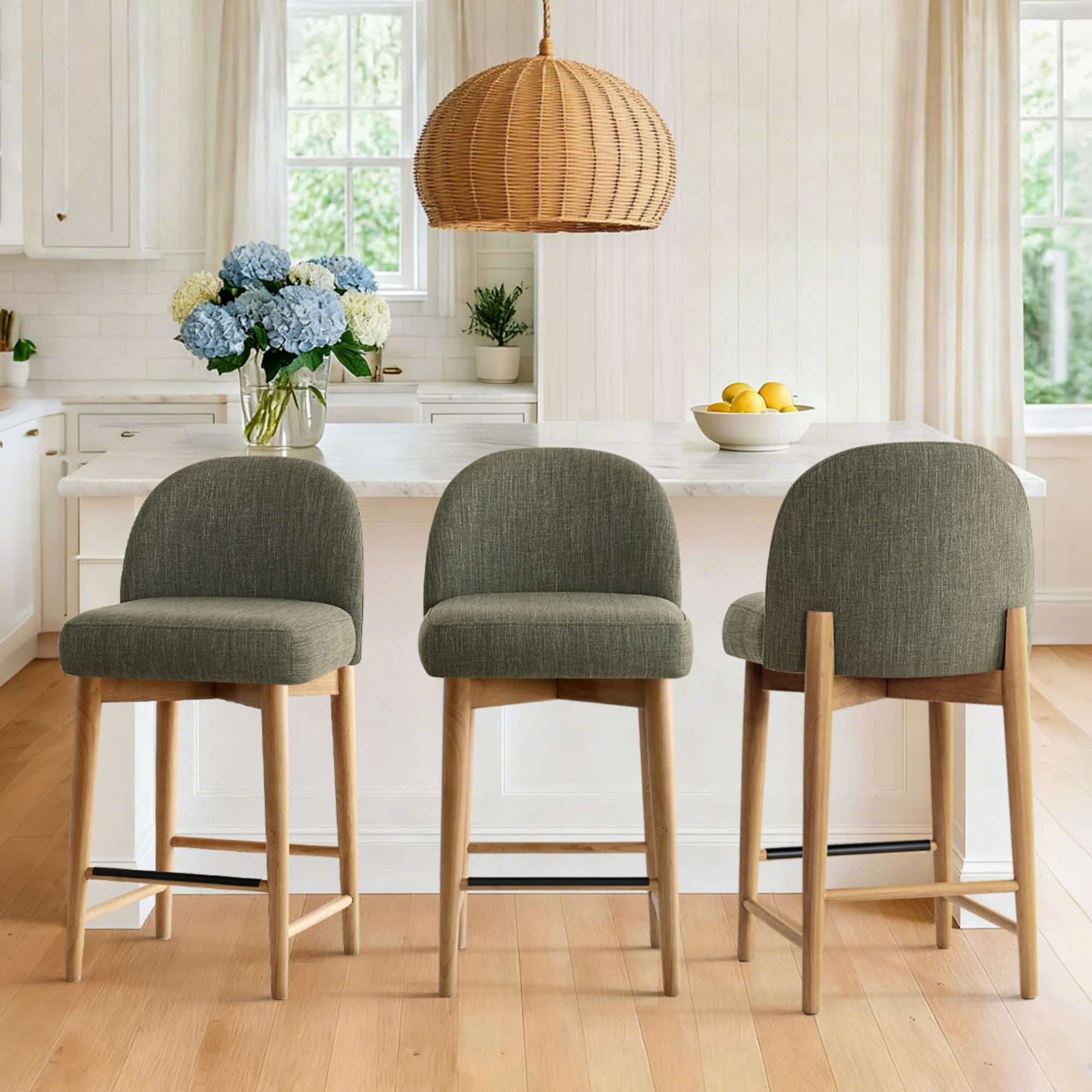 Maison Boucle Set of 3 Green Linen Look Upholstered 25.5-in Counter Stools with Curved Back and Solid Wood Legs