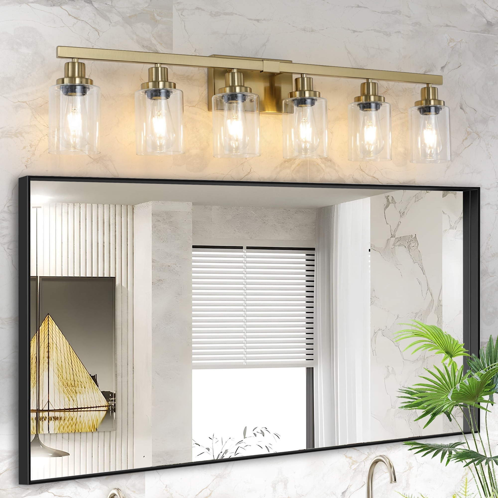UOI 37 inch Gold Iron 6-Light Vanity Light with Clear Glass Shades