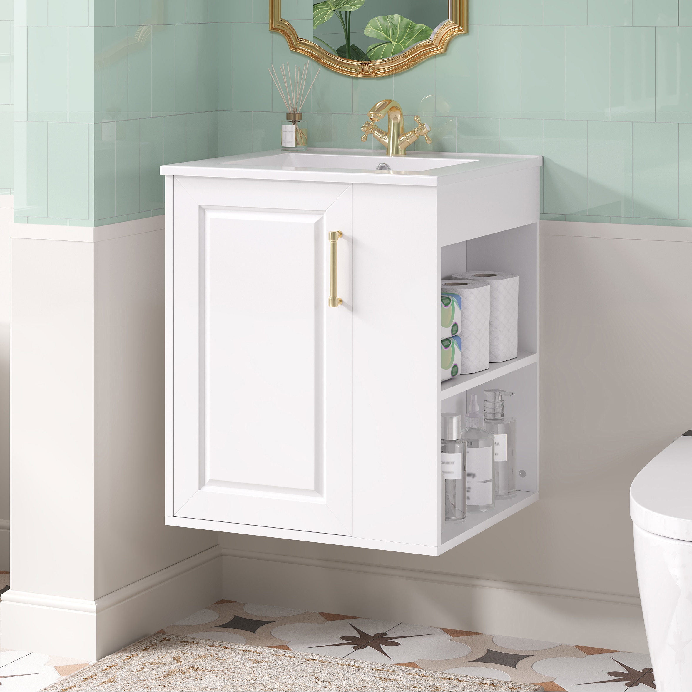 GDFStudio Oakmont 20 in. Compact Wall-Mounted Floating Bathroom Vanity with Side Cabinet and Ceramic Sink - White