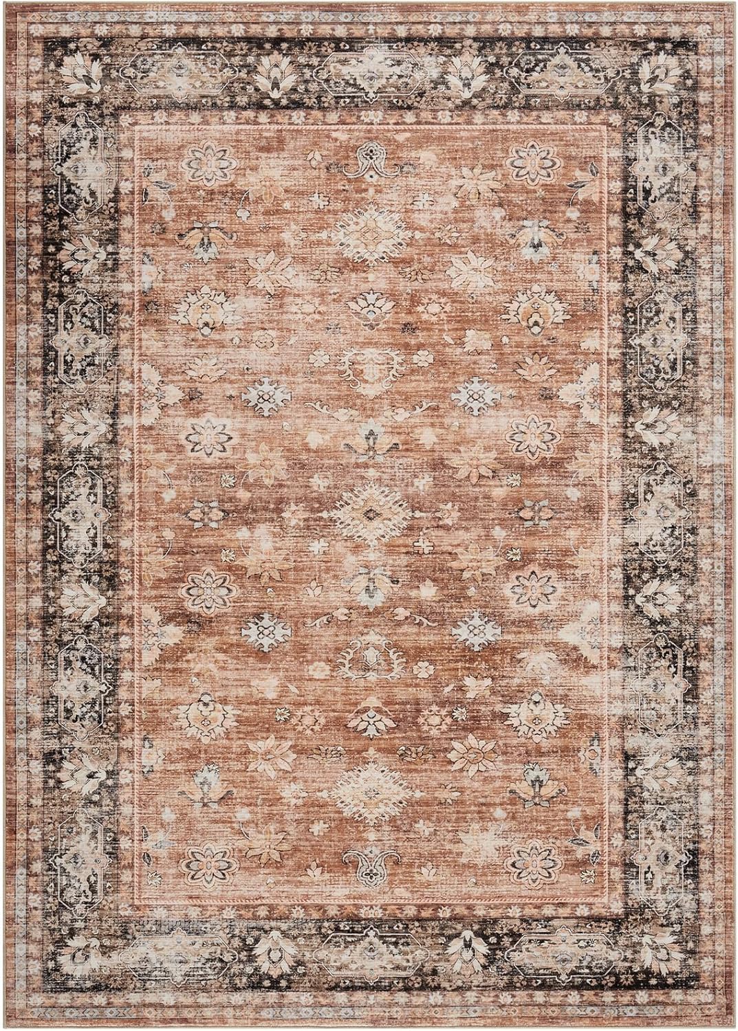 Garvee 6 x 9 ft Brown Vintage Washable Area Rug for Bedroom Distressed Non Slip NonShedding Floral Soft Throw Rugs
