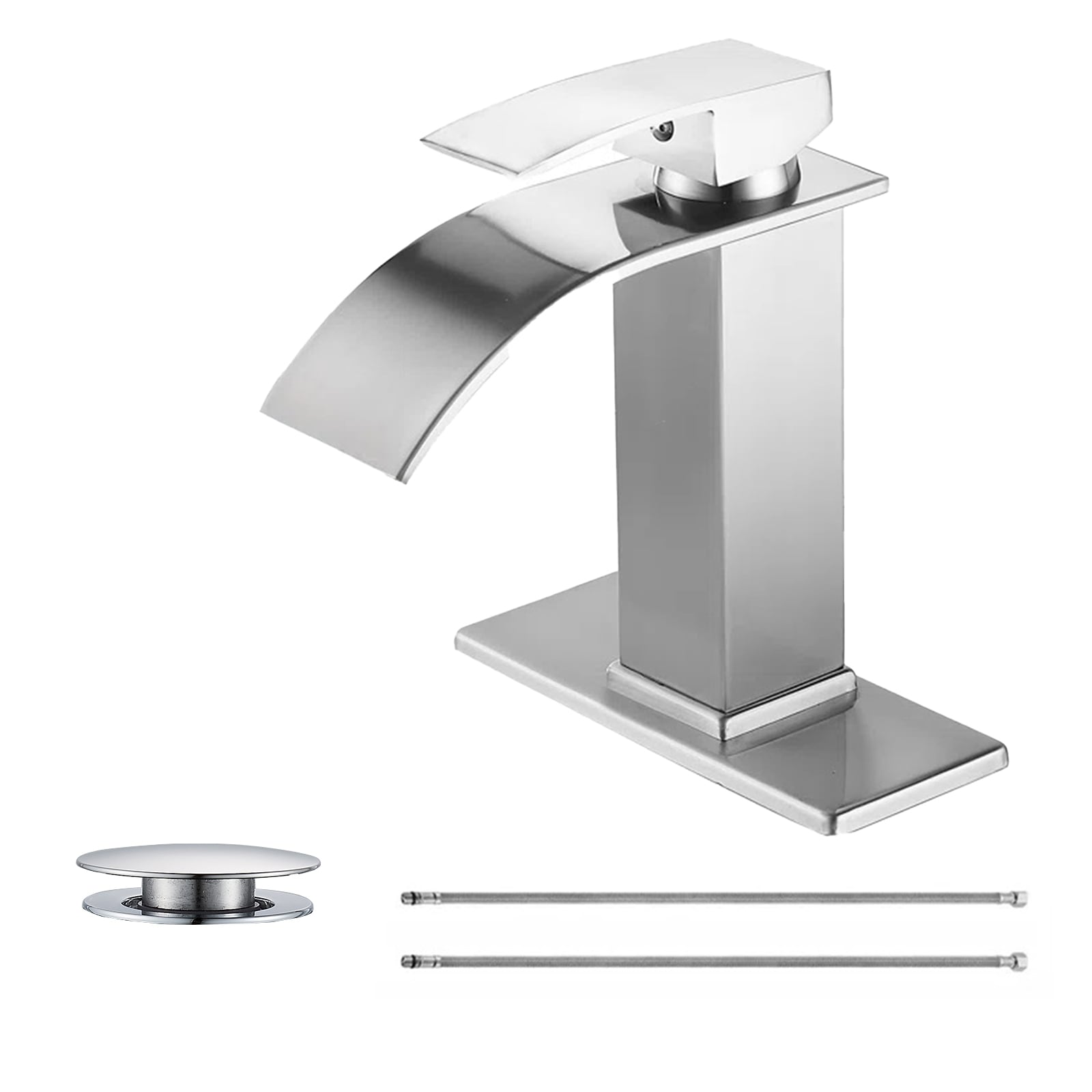 BYH B-BF001-BN Brushed Nickel Single hole 1-handle WaterSense Waterfall Commercial/Residential Handle Bathroom Sink Faucet with Drain with Deck Plate